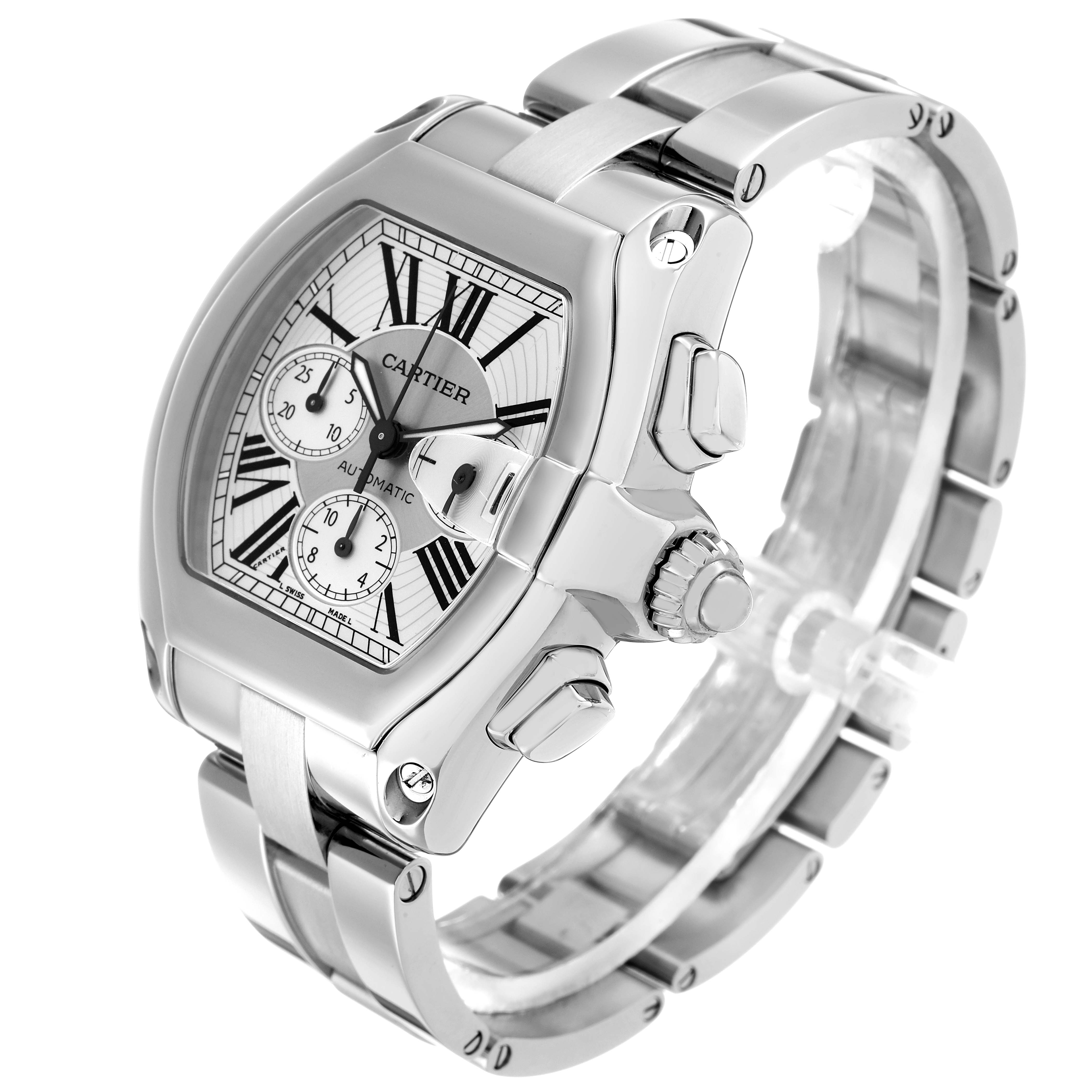 The Cartier Roadster W62019X6 Men's Stainless Steel Silver Dial watch is shown at a three-quarter angle, highlighting the dial, crown, and metal bracelet.