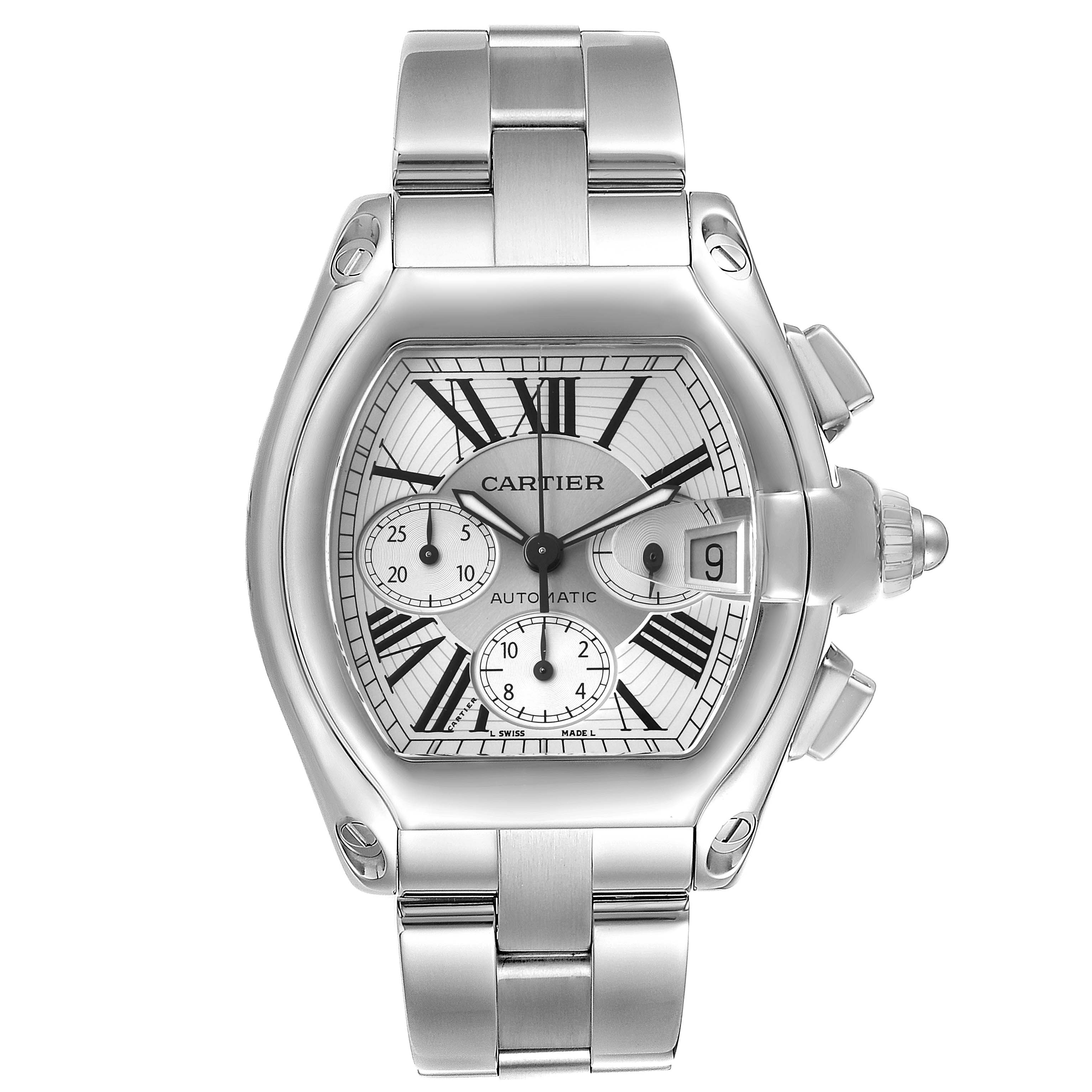 The Cartier Roadster W62019X6 Men's Stainless Steel Silver Dial watch is shown from the front, featuring the dial, case, bracelet, and side crown.