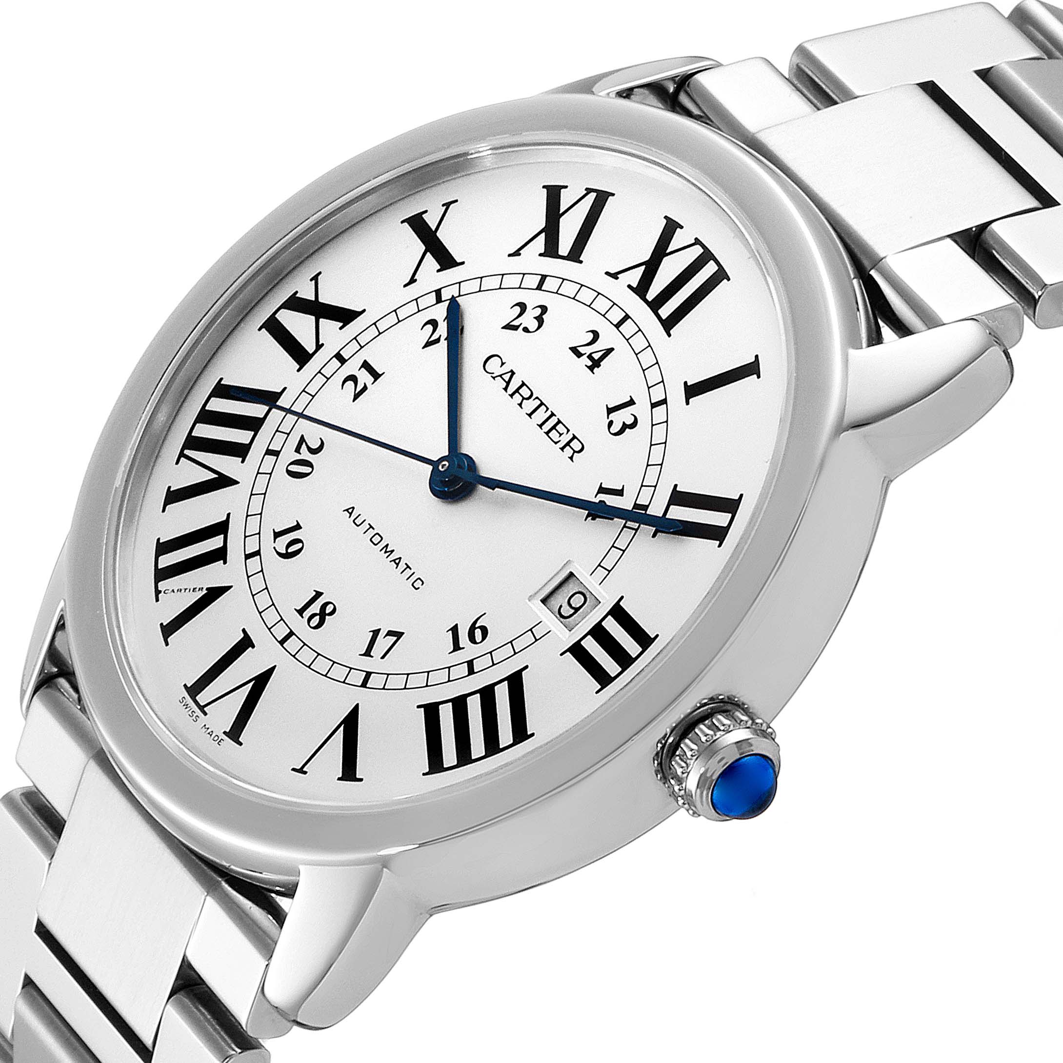 The Ronde model by Cartier is shown at an angled close-up, highlighting the dial, crown, and part of the bracelet.
