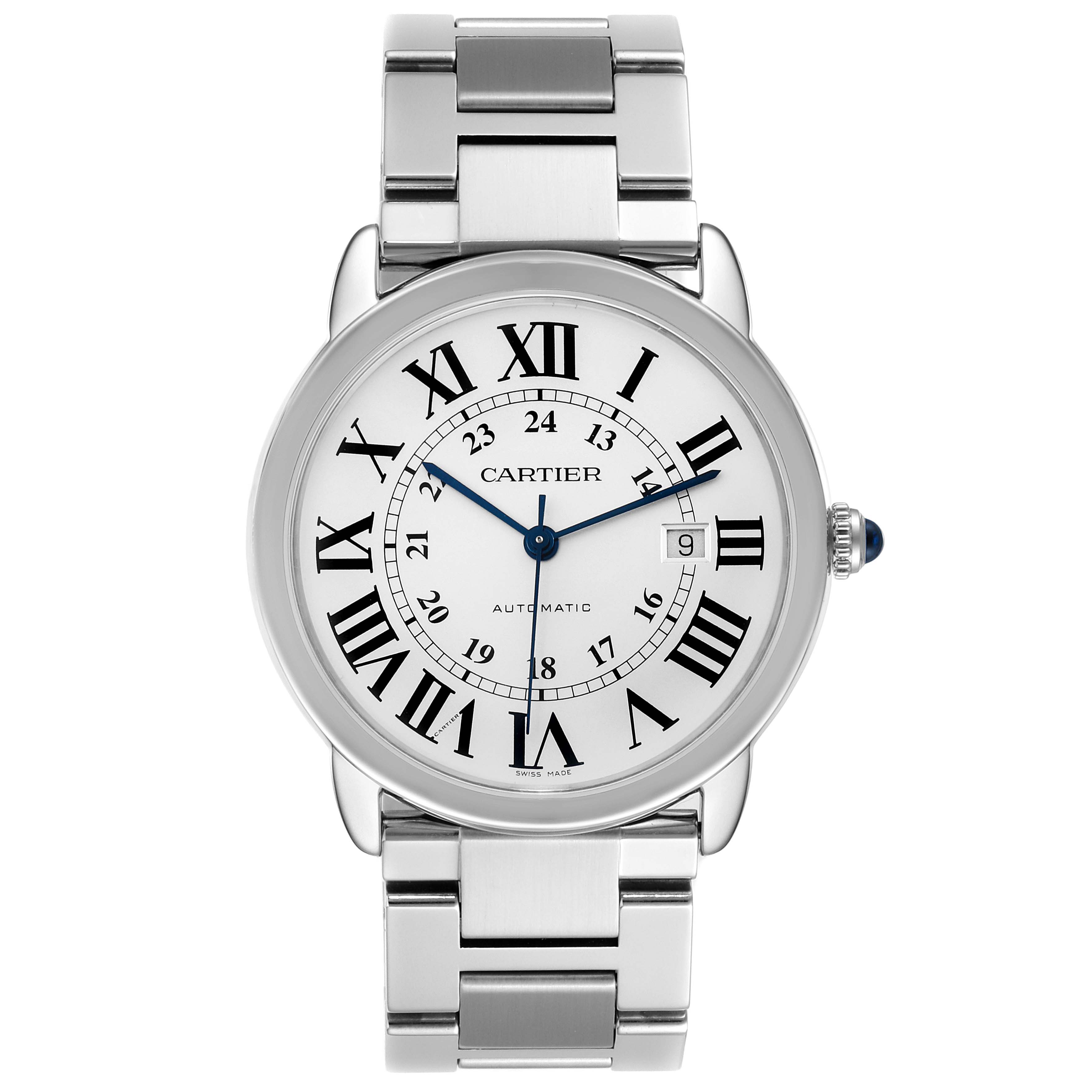 The Cartier Ronde W6701011 Men's Stainless Steel Silver Dial W6701011 Men's Stainless Steel Silver Dial watch is shown from a top-down angle, displaying its face, bracelet, and crown.