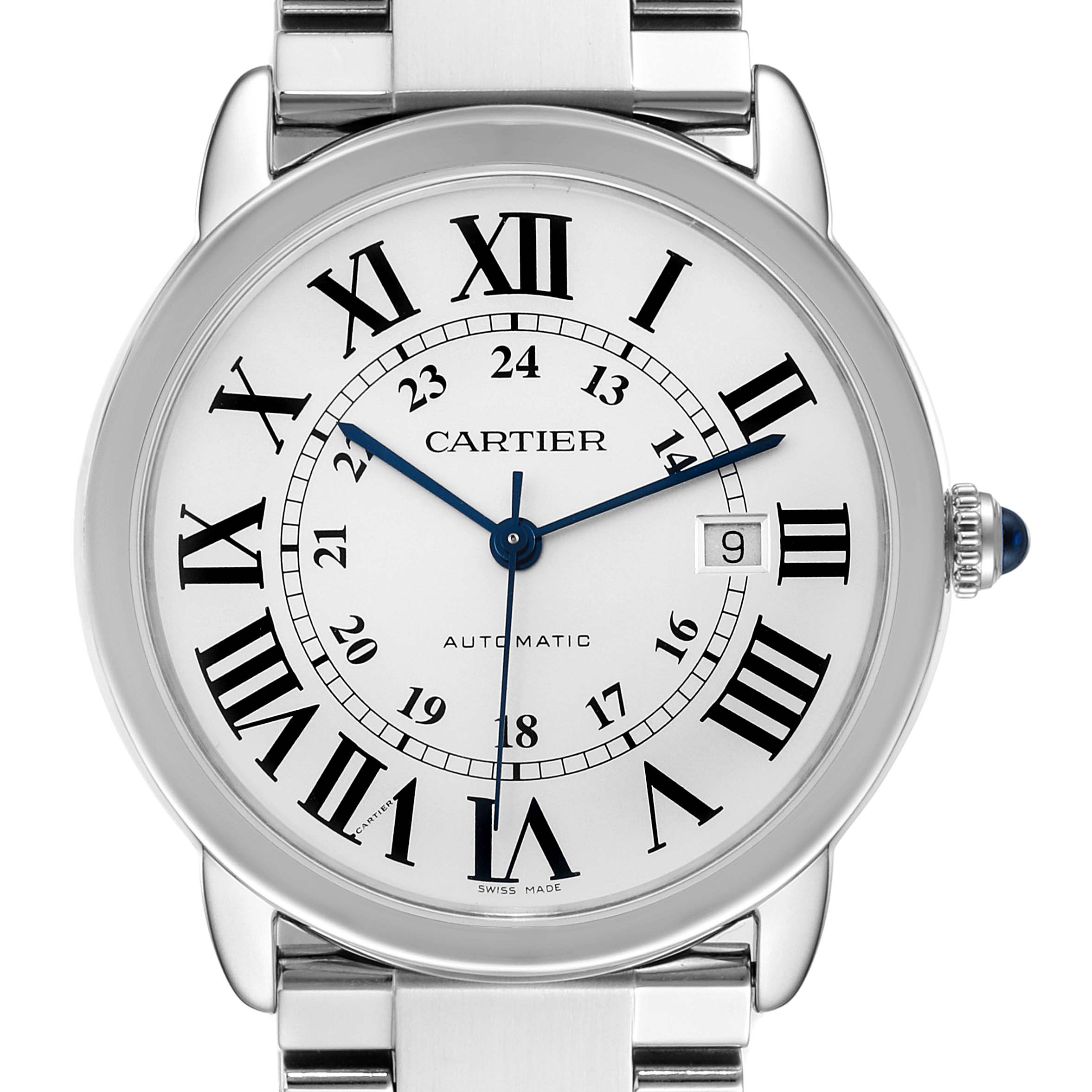 The image shows a front view of the Cartier Ronde W6701011 Men's Stainless Steel Silver Dial W6701011 Men's Stainless Steel Silver Dial watch, displaying its dial, hour markers, and date window.