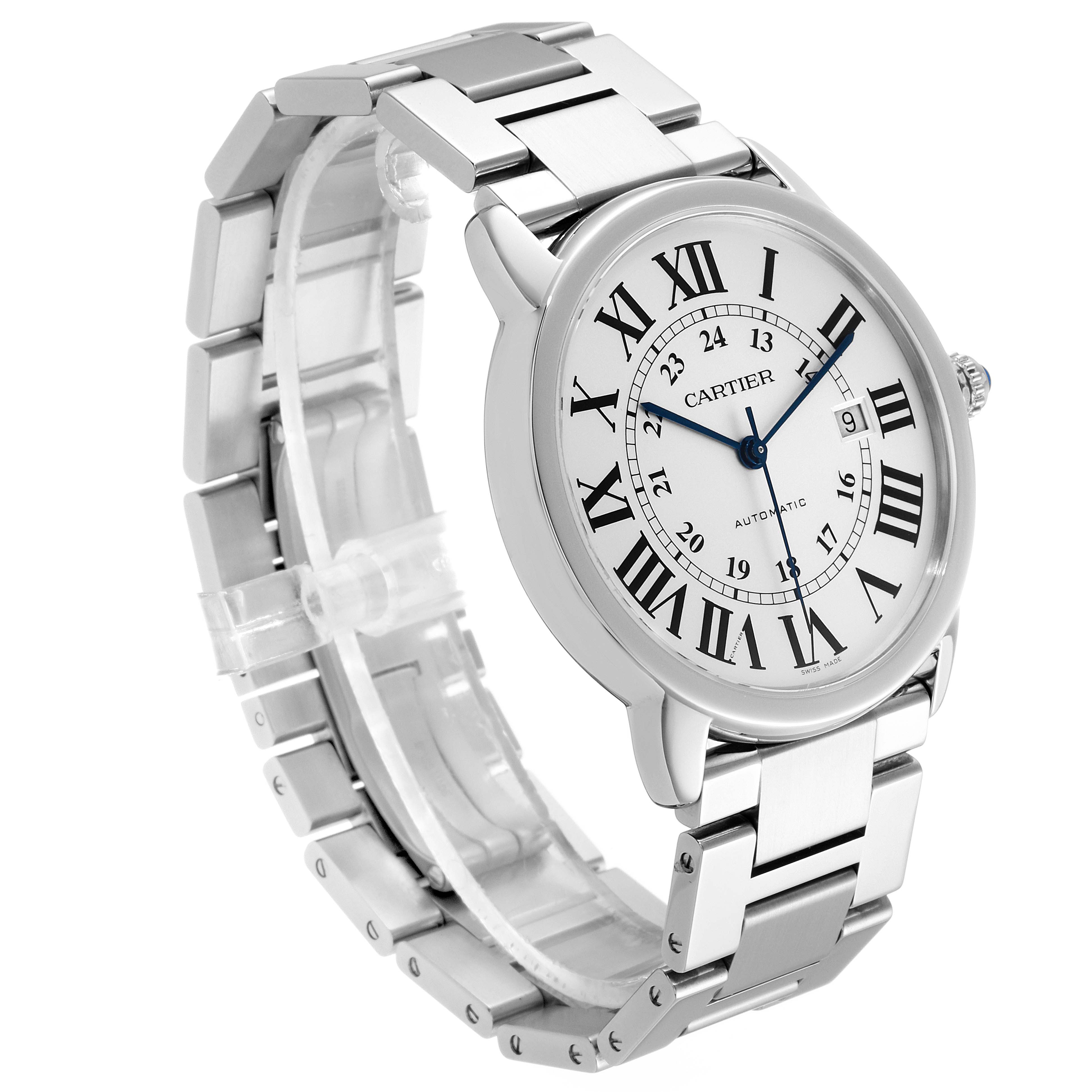 The image shows an angled view of the Cartier Ronde W6701011 Men's Stainless Steel Silver Dial W6701011 Men's Stainless Steel Silver Dial watch, highlighting the face, bracelet, and part of the crown.