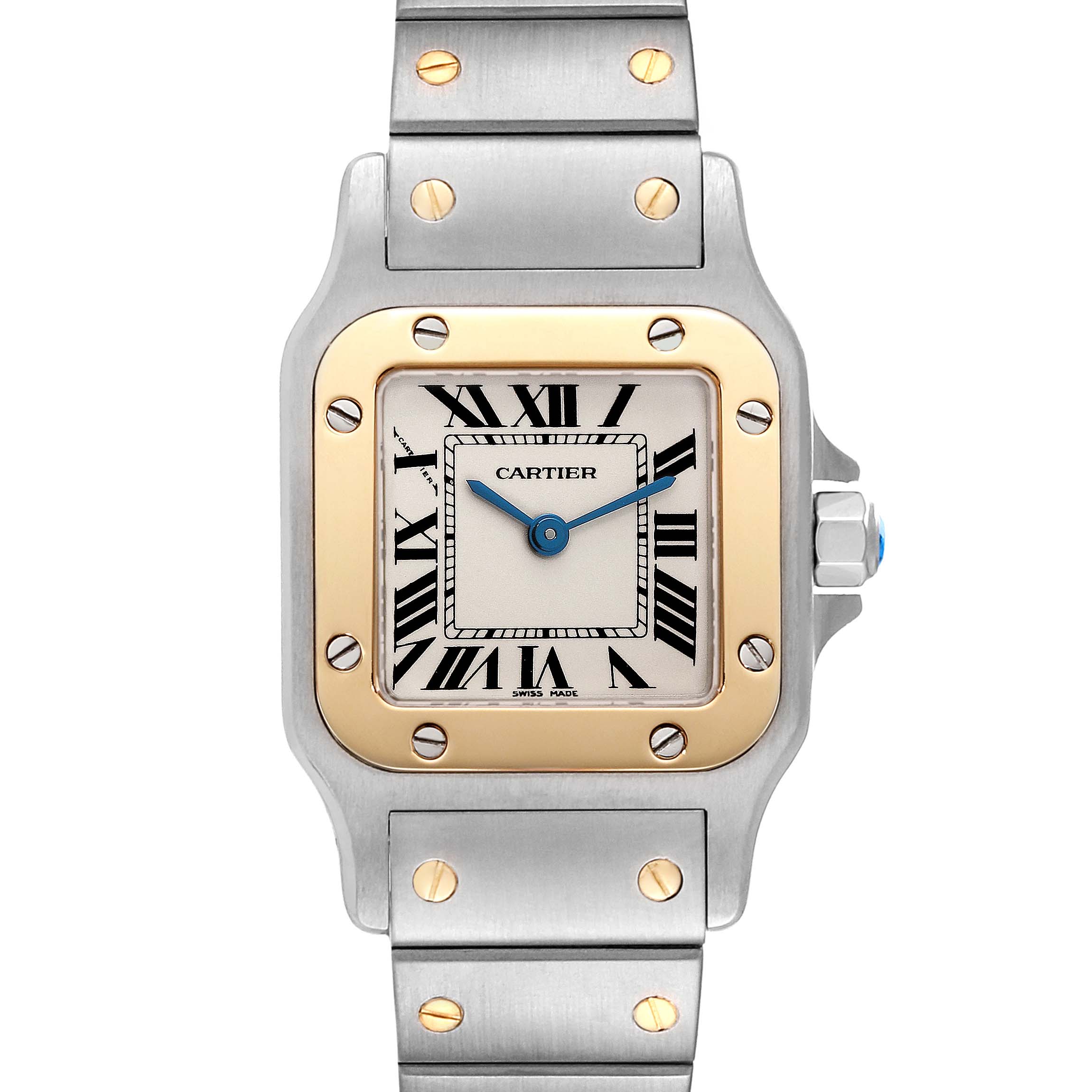 The image shows a frontal view of a Cartier Santos W20012C4 Women's Steel and Gold (two tone) Silver Dial W20012C4 Women's Steel and Gold (two tone) Silver Dial watch, highlighting its face, bezel, and part of the bracelet.