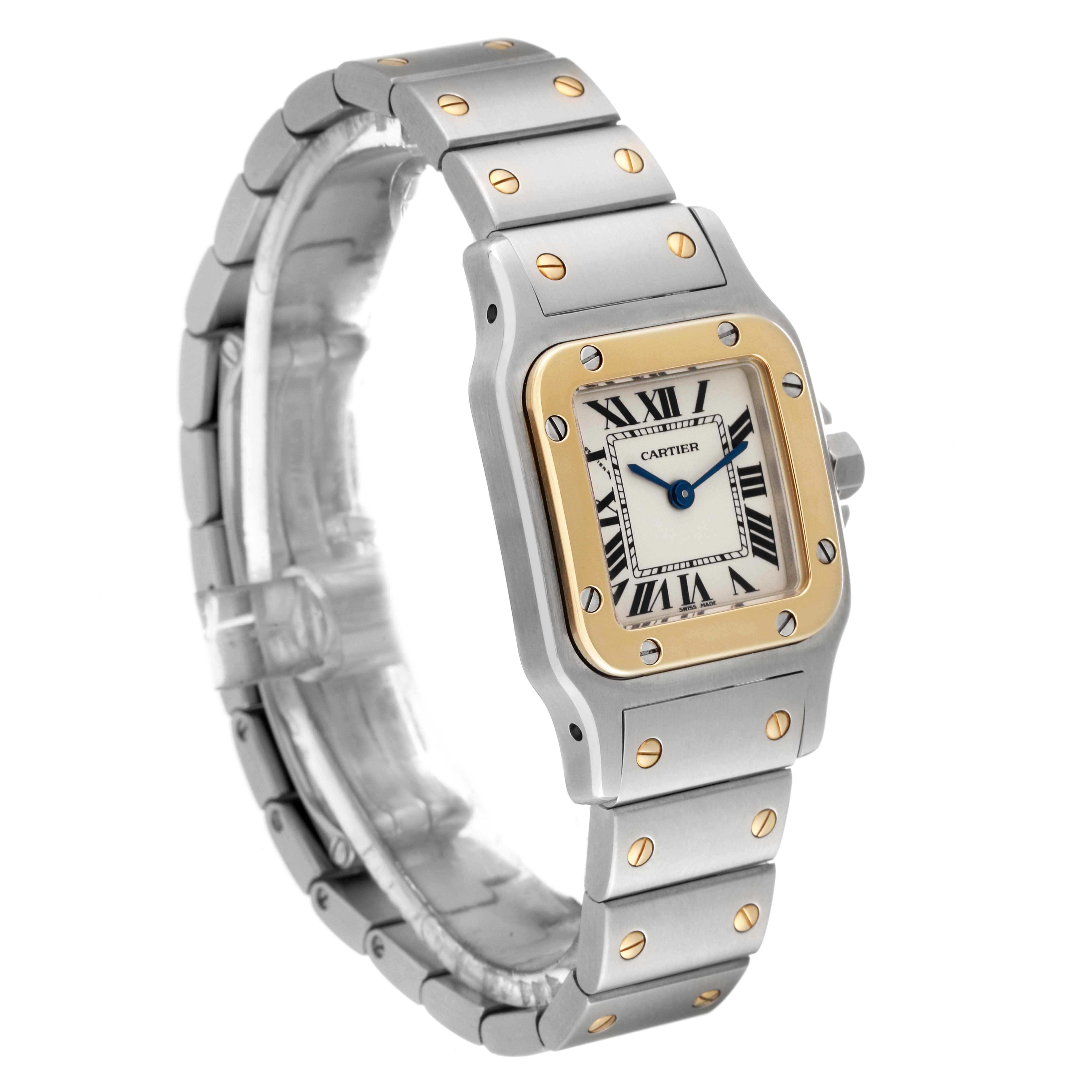 The Cartier Santos W20012C4 Women's Steel and Gold (two tone) Silver Dial W20012C4 Women's Steel and Gold (two tone) Silver Dial watch is shown at a three-quarter angle, highlighting its stainless steel and gold bezel and bracelet.