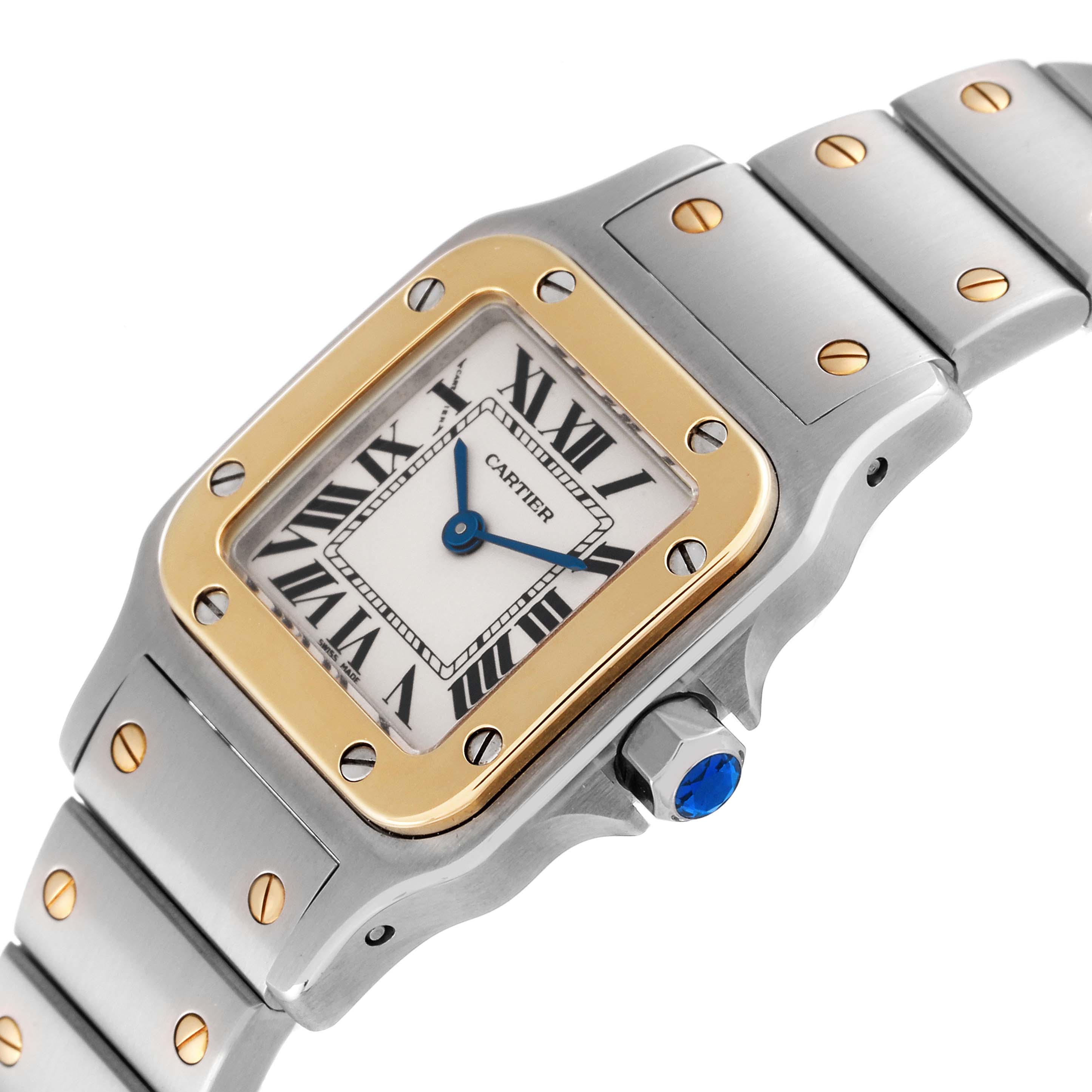 The image shows a close-up of the Santos model Cartier watch, highlighting its gold bezel, blue hands, and bracelet with screws.