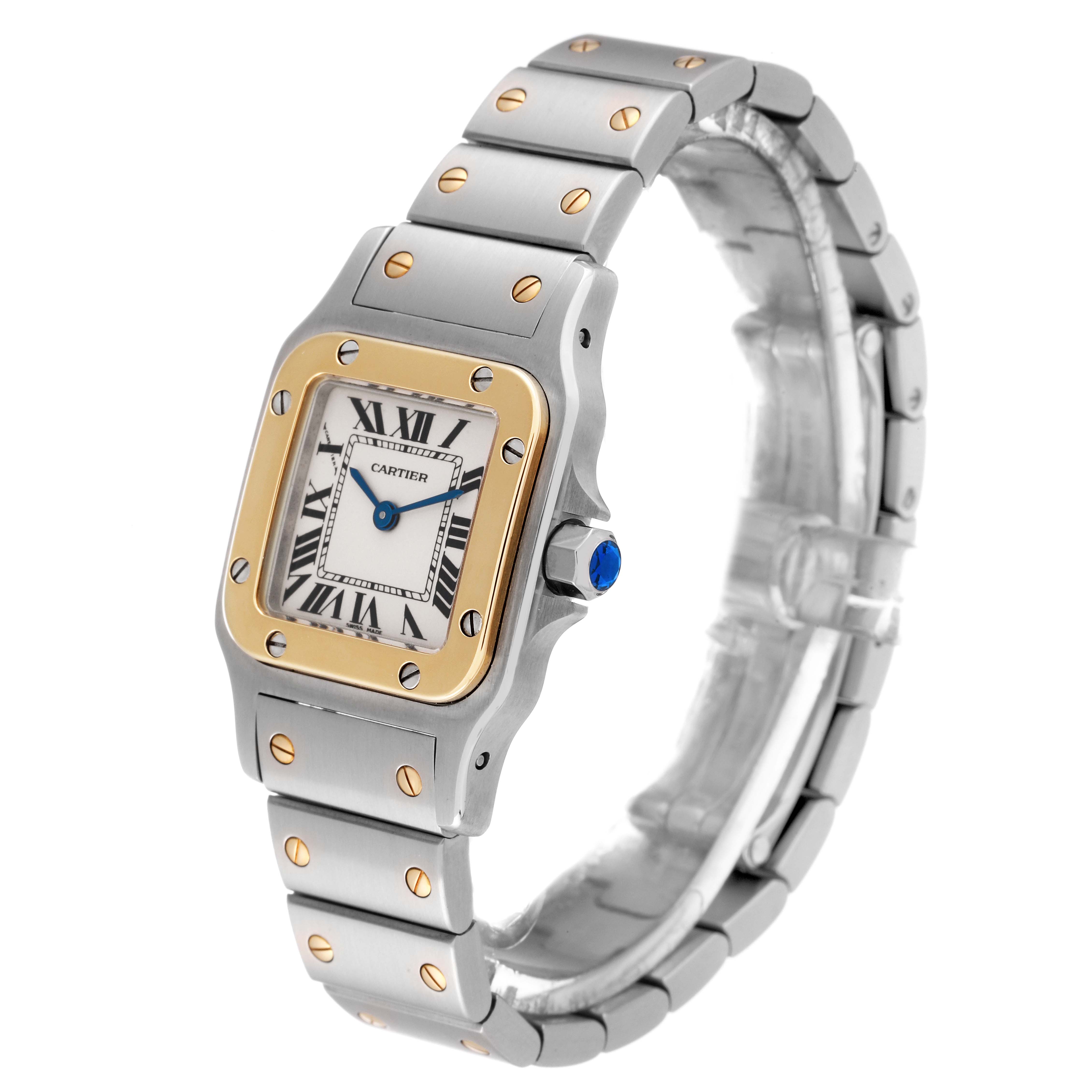 The image shows a Cartier Santos W20012C4 Women's Steel and Gold (two tone) Silver Dial W20012C4 Women's Steel and Gold (two tone) Silver Dial watch from a three-quarter angle, highlighting the face, bezel, and bracelet.