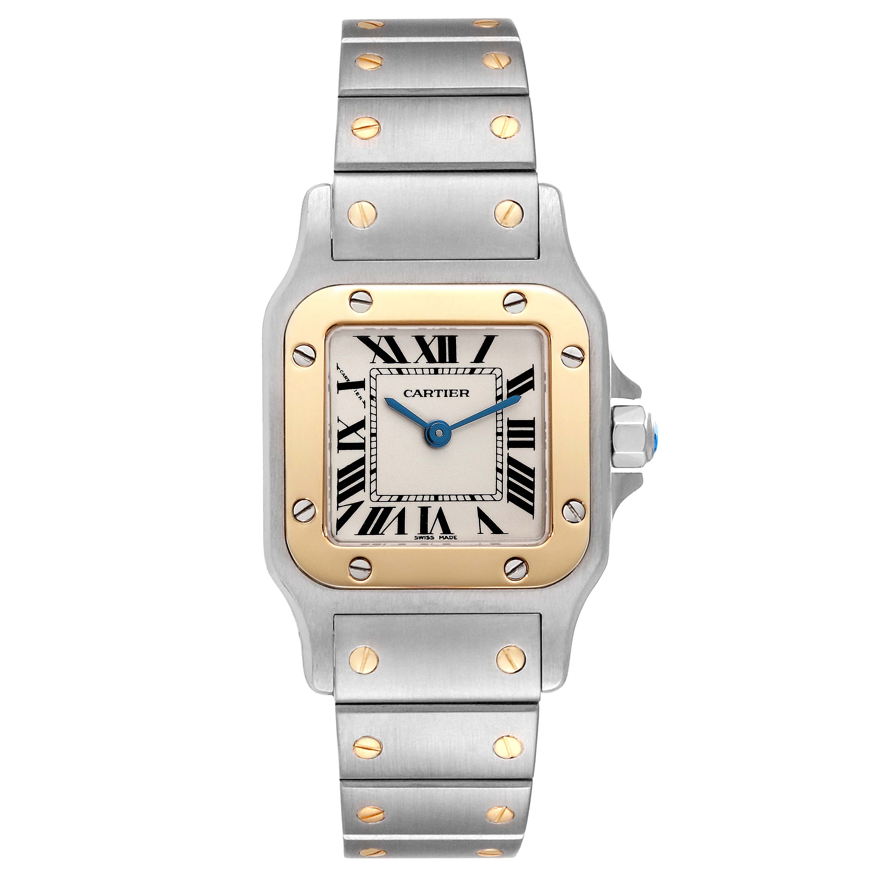 The image shows a front view of the Cartier Santos W20012C4 Women's Steel and Gold (two tone) Silver Dial W20012C4 Women's Steel and Gold (two tone) Silver Dial watch, featuring its square dial, Roman numerals, and metal bracelet with gold screws.