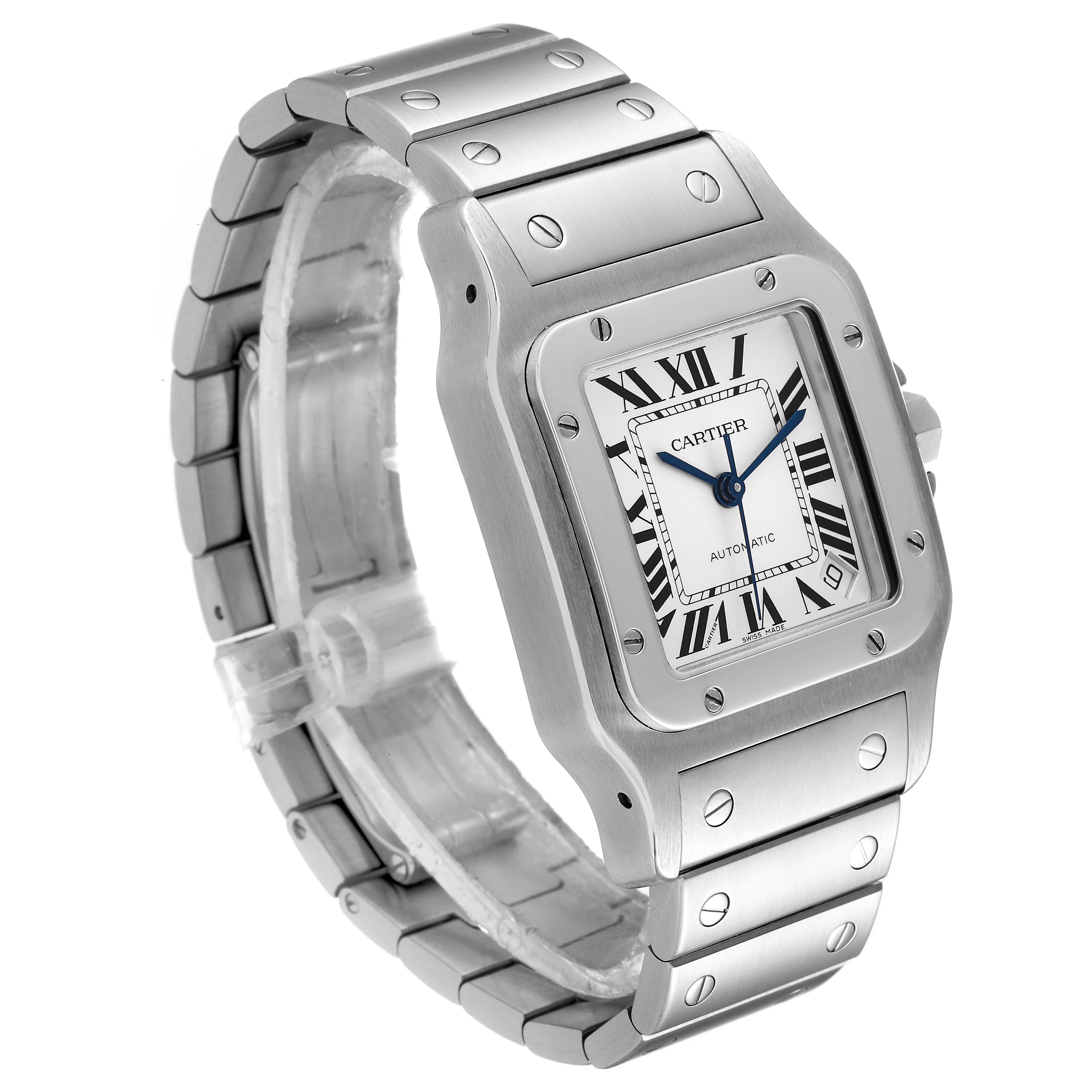 The image shows a Cartier Santos W20098D6 Men's Stainless Steel Silver Dial W20098D6 Men's Stainless Steel Silver Dial watch at a three-quarter angle, showcasing its face, case, bezel, and metal bracelet.
