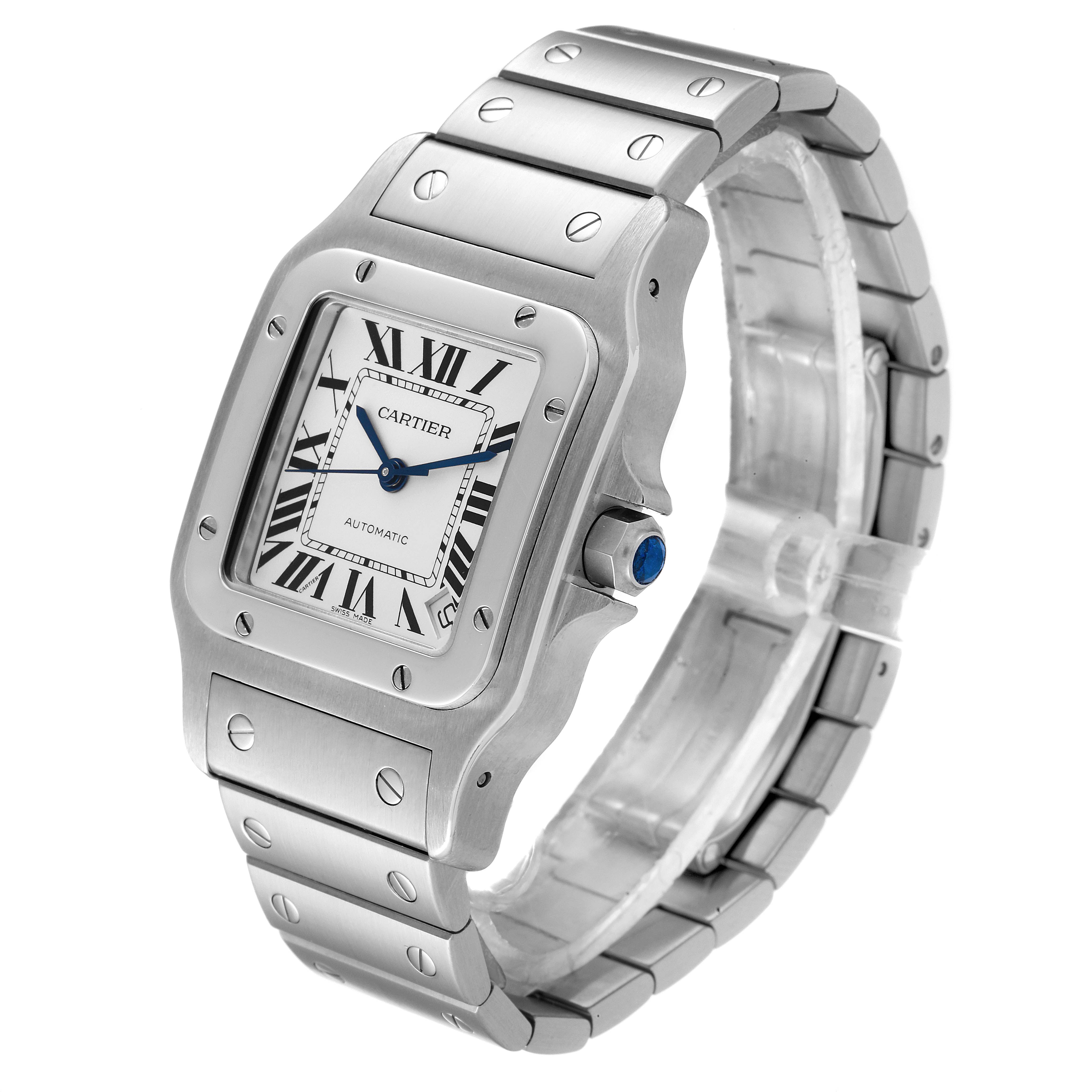 The image shows a Cartier Santos W20098D6 Men's Stainless Steel Silver Dial W20098D6 Men's Stainless Steel Silver Dial watch at a three-quarter angle, highlighting its face, crown, and stainless steel bracelet.