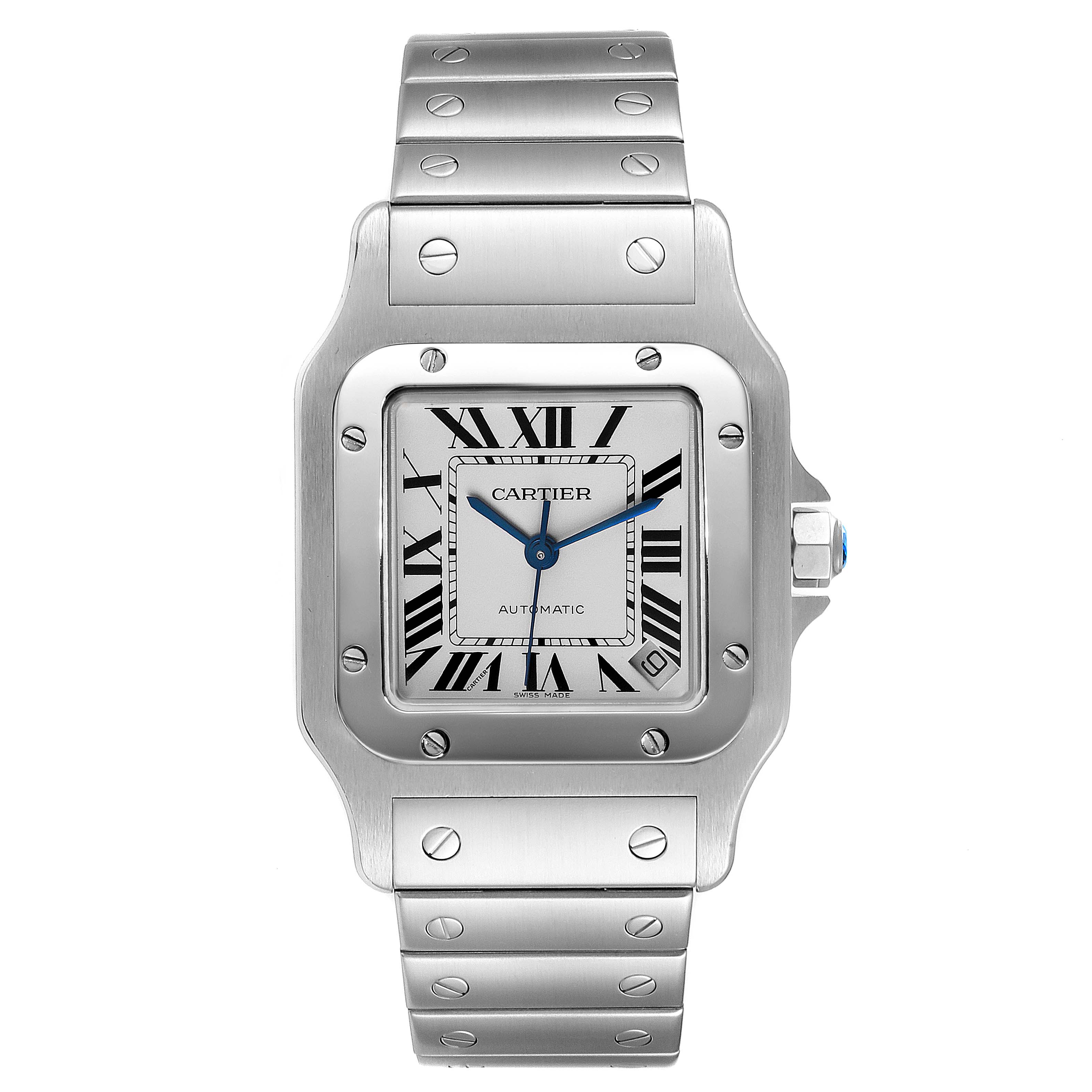 This Cartier Santos W20098D6 Men's Stainless Steel Silver Dial W20098D6 Men's Stainless Steel Silver Dial watch is shown from the front, displaying its rectangular dial, Roman numerals, and metallic bracelet.