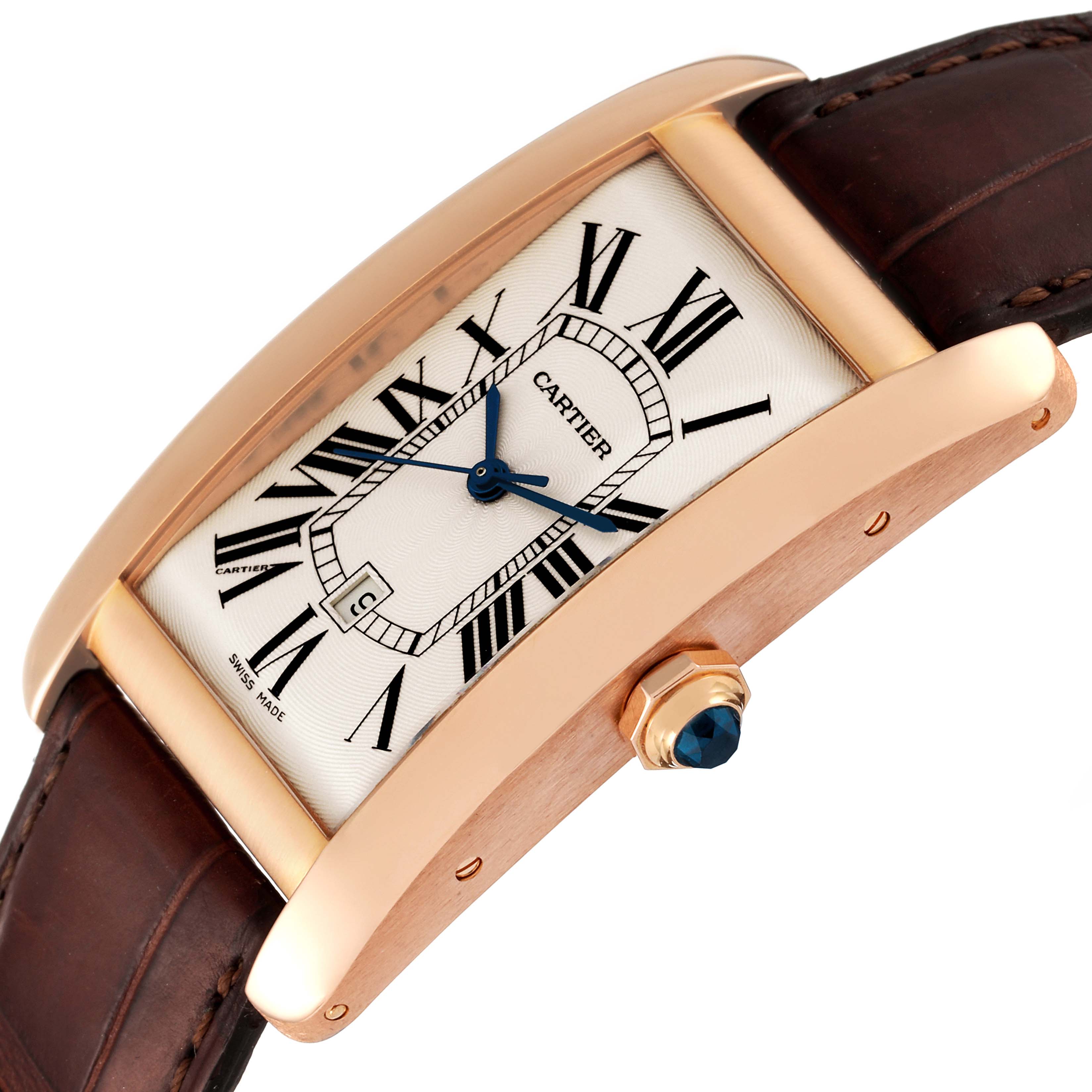 The image shows a side view of the Cartier Tank Americaine W2609156 Men's Rose Gold Silver Dial W2609156 Men's Rose Gold Silver Dial watch, highlighting its face, crown, and leather strap.