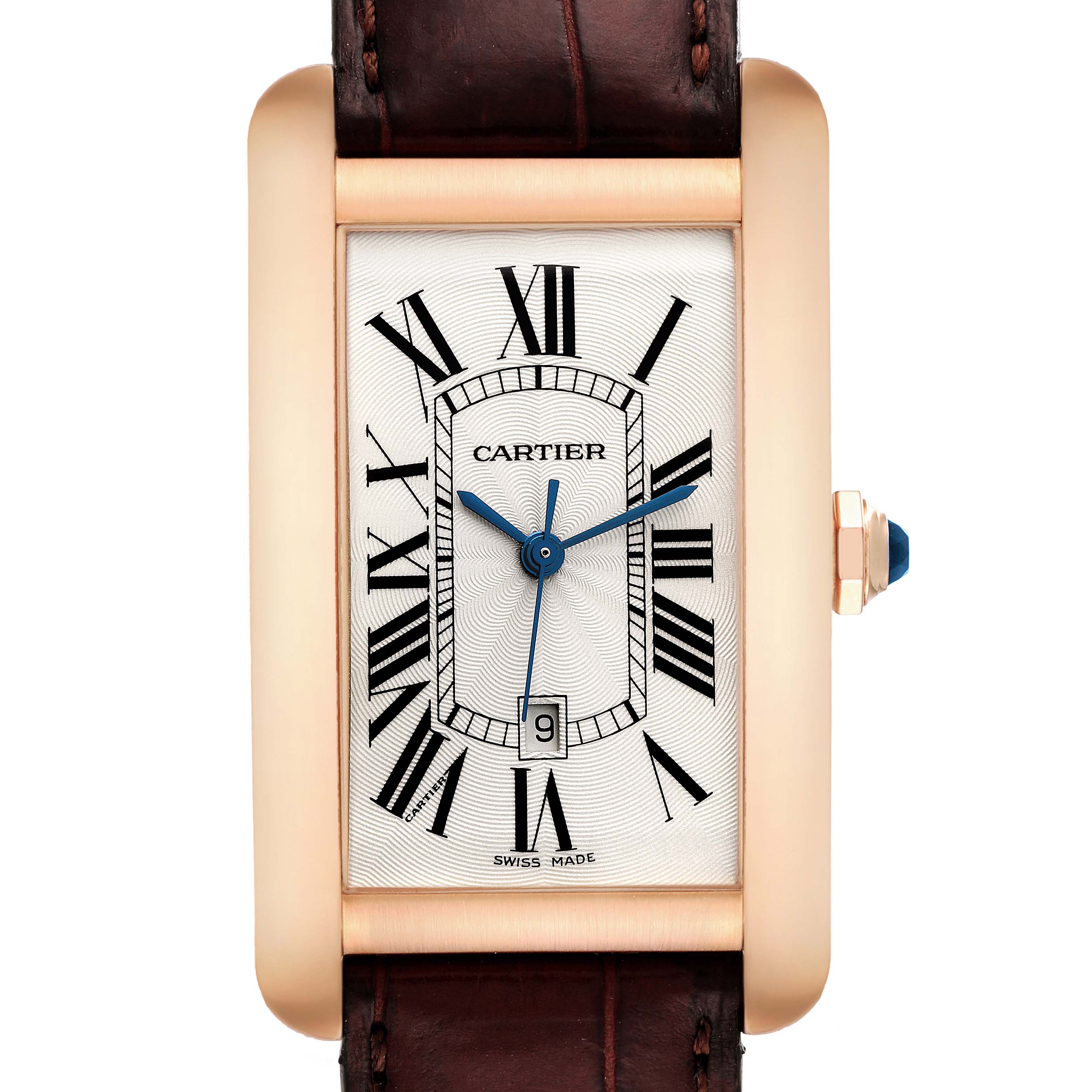 This image shows the Cartier Tank Americaine W2609156 Men's Rose Gold Silver Dial W2609156 Men's Rose Gold Silver Dial watch face, bezel, and part of the leather strap, captured from a front angle.