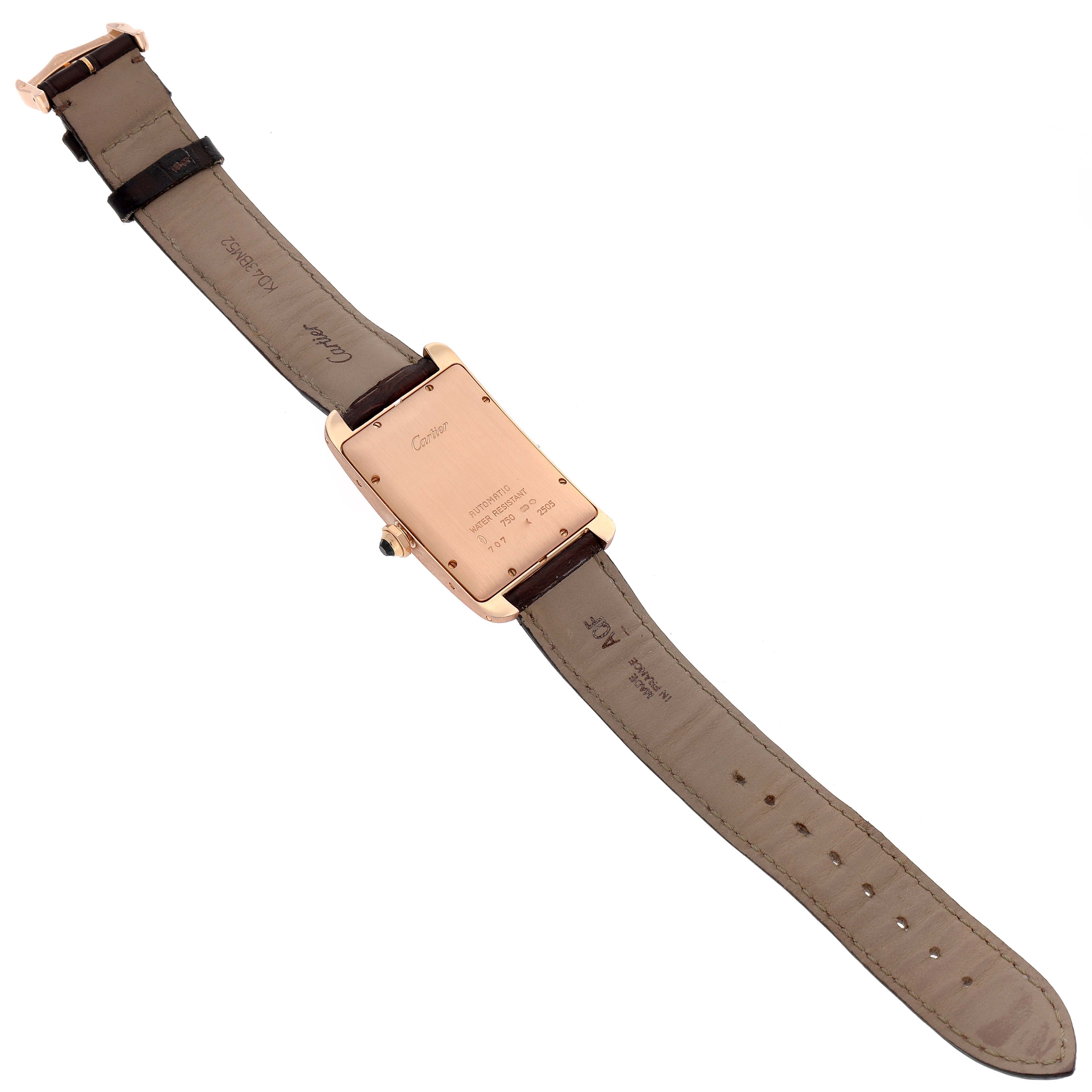 The image shows the back view of the Cartier Tank Americaine W2609156 Men's Rose Gold Silver Dial W2609156 Men's Rose Gold Silver Dial watch, including the strap and case back details.