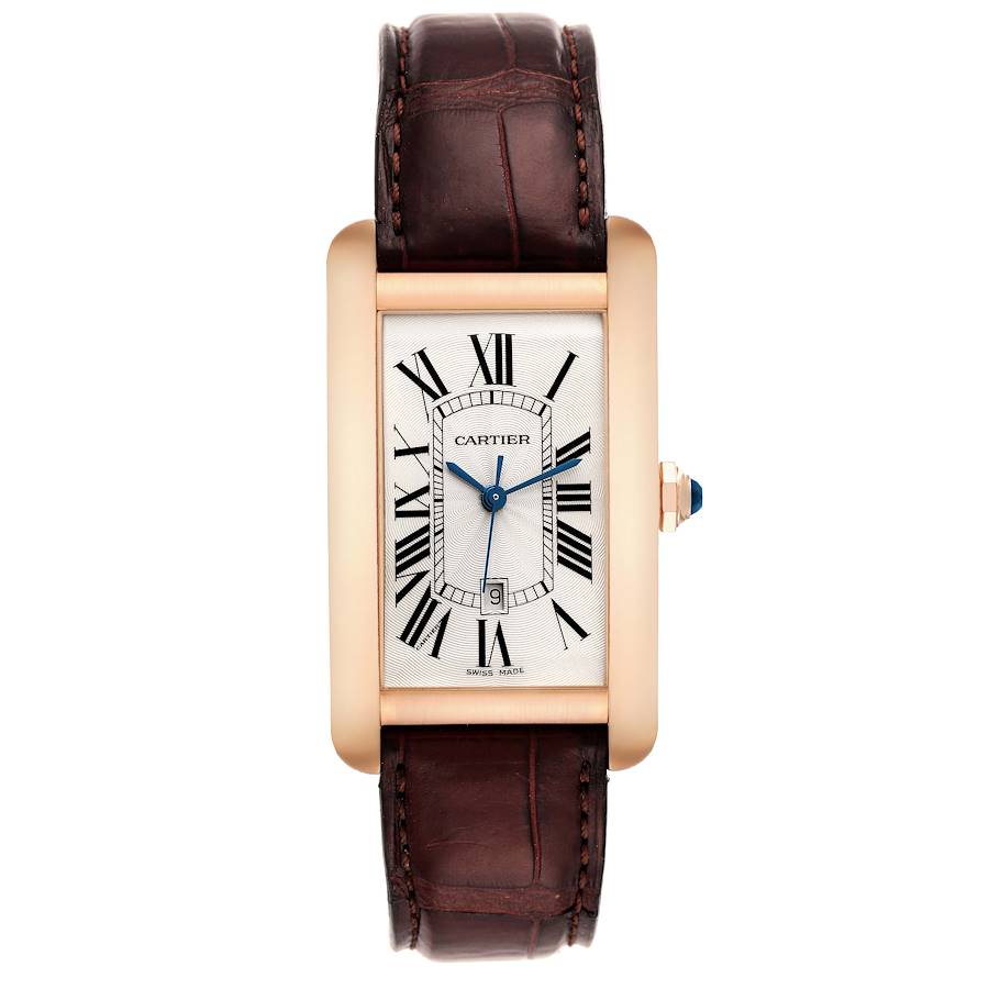 Cartier Tank Americaine Large Rose Gold Brown Strap Mens Watch