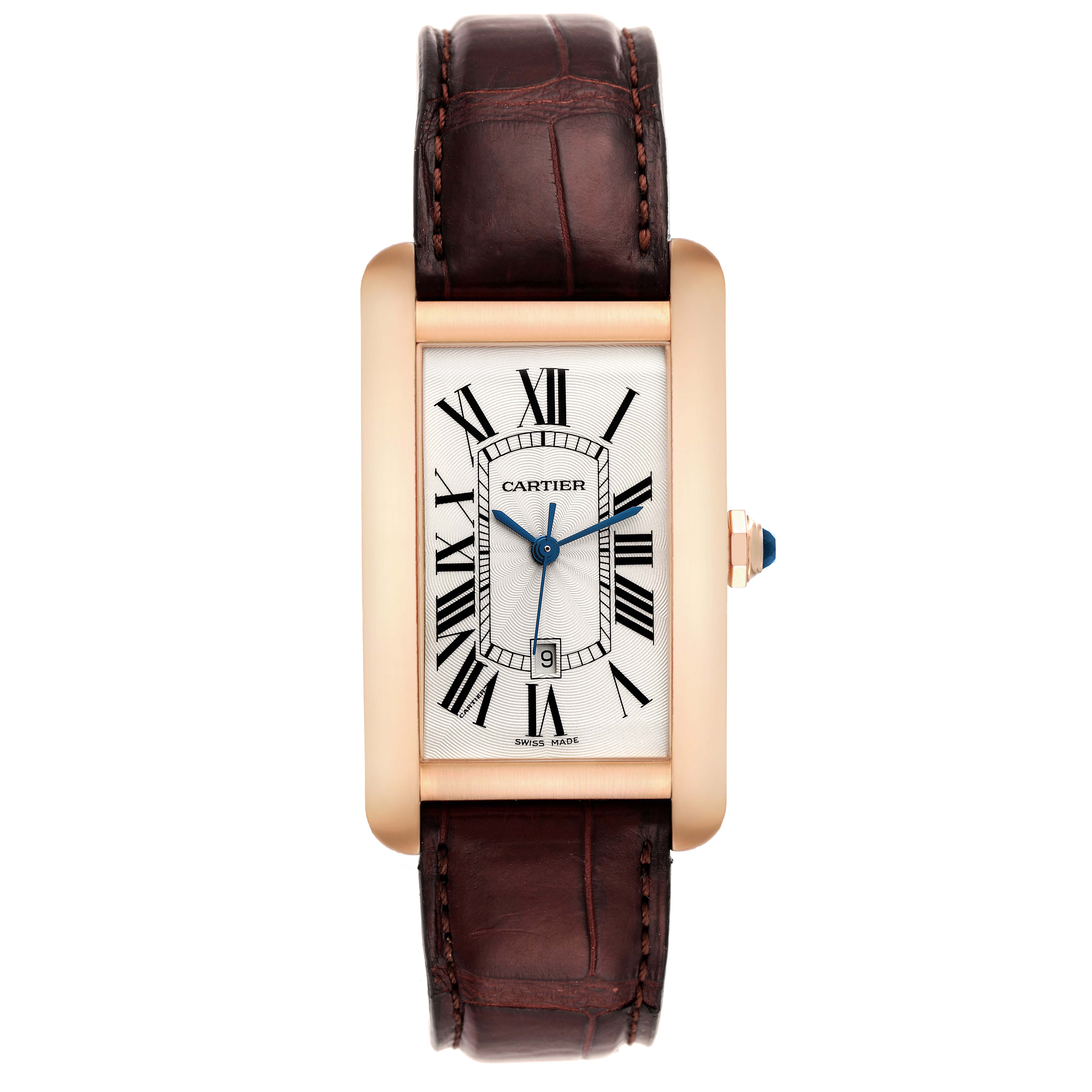 The Cartier Tank Americaine W2609156 Men's Rose Gold Silver Dial W2609156 Men's Rose Gold Silver Dial watch is shown from a front angle, displaying its rectangular dial, gold case, Roman numerals, and brown leather strap.