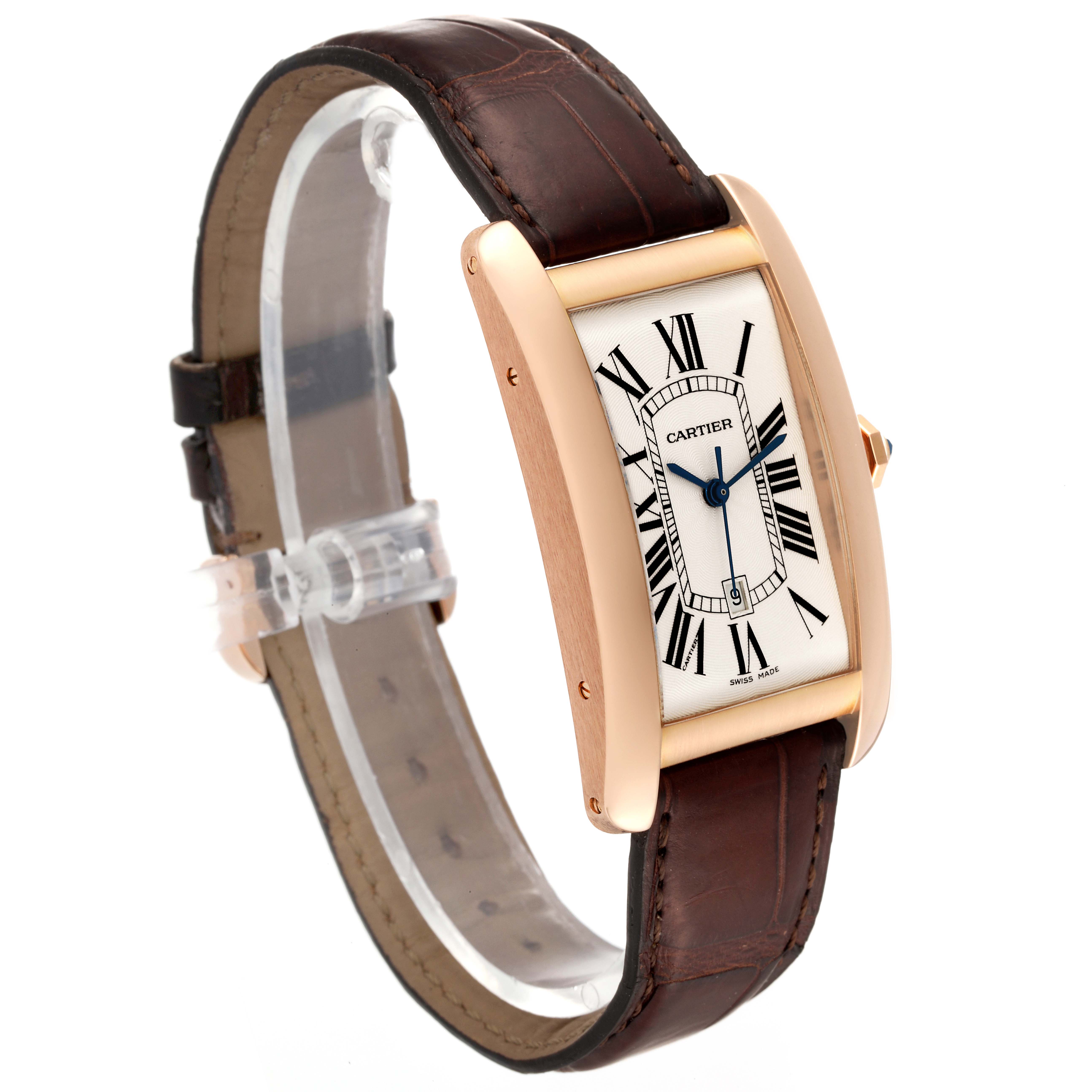 The Tank Americaine by Cartier is shown from a three-quarter angle, highlighting the watch face, case, and leather strap.