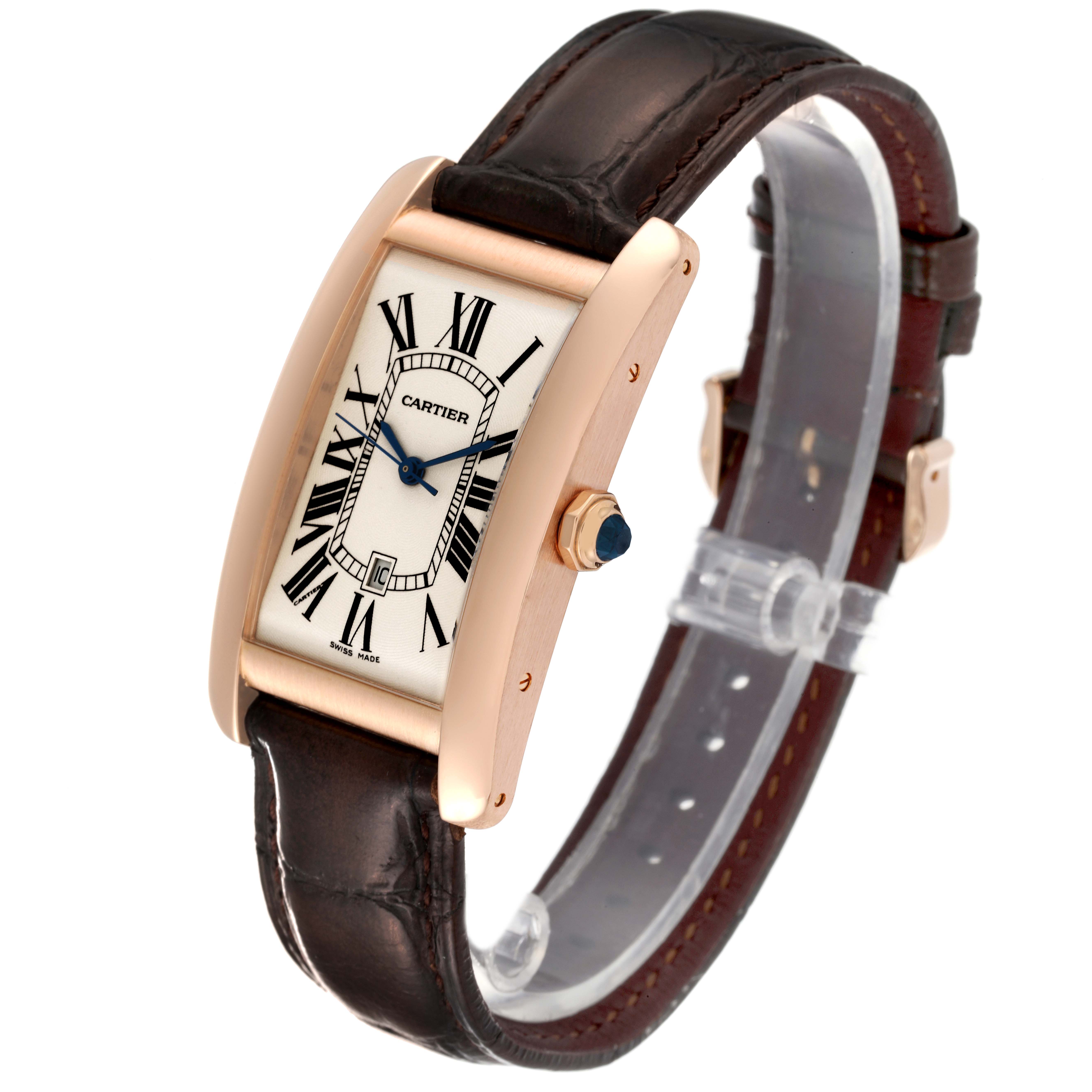 The Cartier Tank Americaine W2609156 Men
s Rose Gold Silver Dial W2609156 Men
s Rose Gold Silver Dial watch is shown at a three-quarter angle revealing the face, crown, and the brown leather strap.