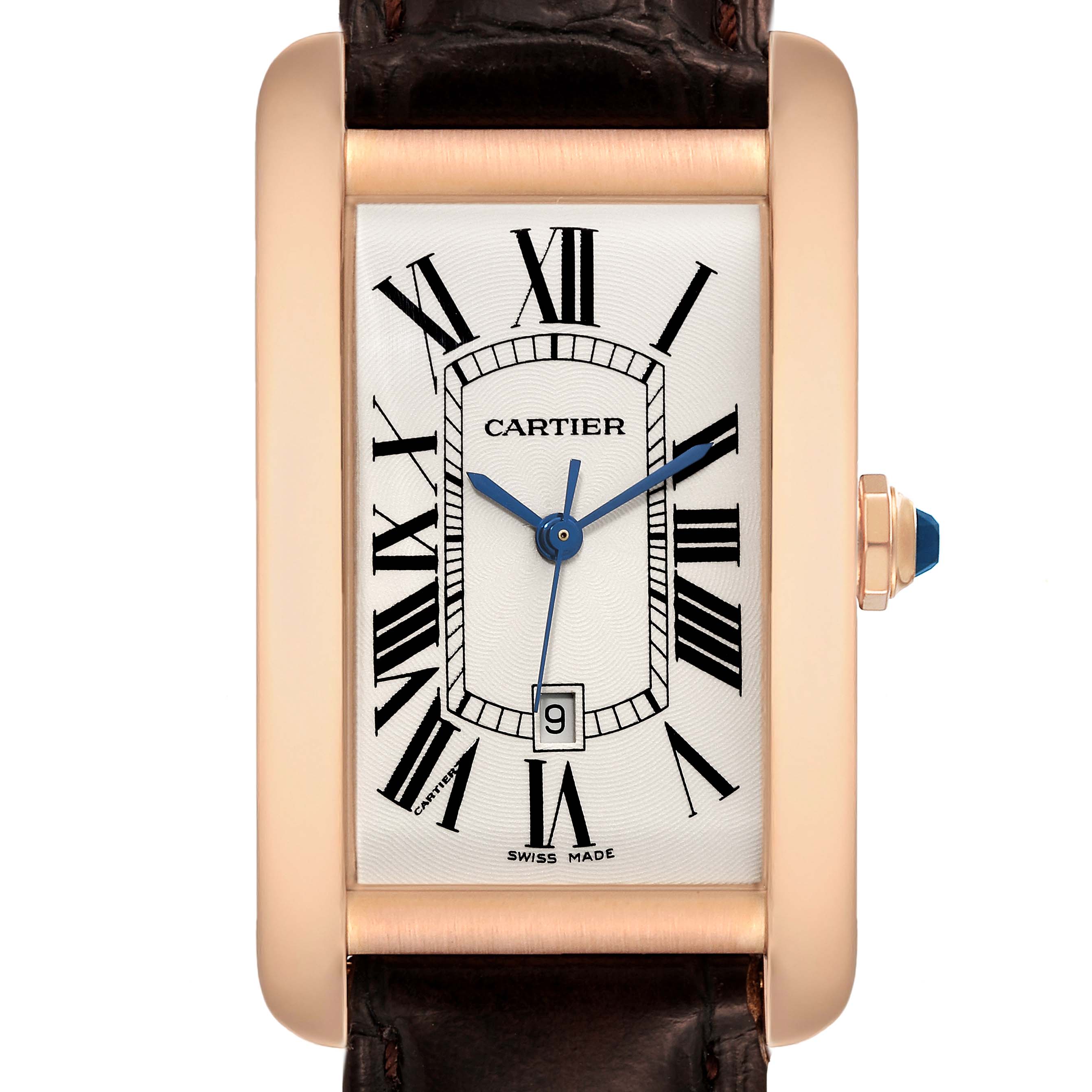 This image shows a frontal view of the Cartier Tank Americaine W2609156 Men
s Rose Gold Silver Dial W2609156 Men
s Rose Gold Silver Dial watch, highlighting its face, crown, and alligator leather strap.