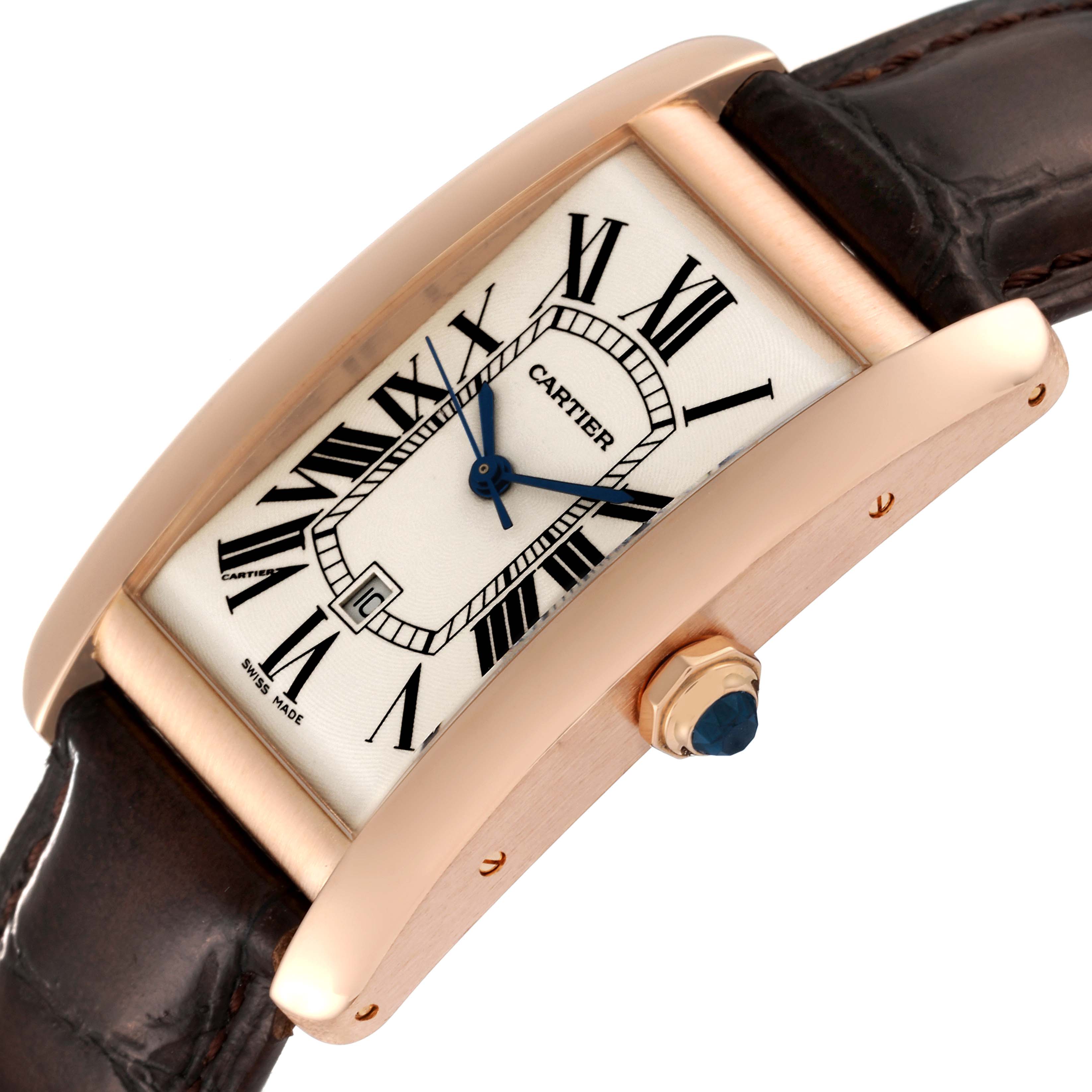 The image shows a side angle of the Cartier Tank Americaine W2609156 Men
s Rose Gold Silver Dial W2609156 Men
s Rose Gold Silver Dial watch, highlighting its rectangular case, dial, crown, and leather strap.