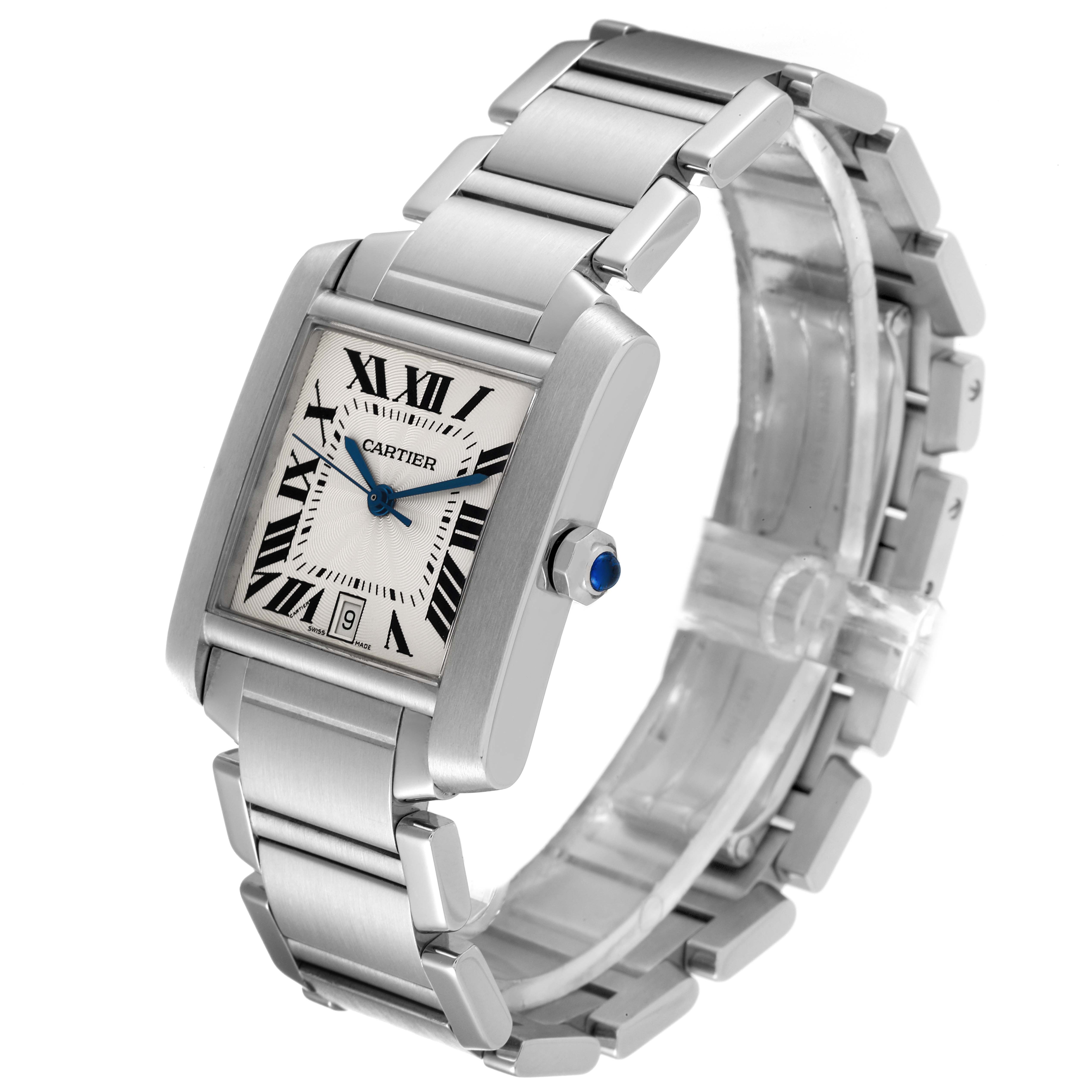 The image shows a Cartier Tank Francaise W51002Q3 Men's Stainless Steel Silver Dial W51002Q3 Men's Stainless Steel Silver Dial watch at a slight angle, highlighting the stainless steel bracelet and rectangular face.