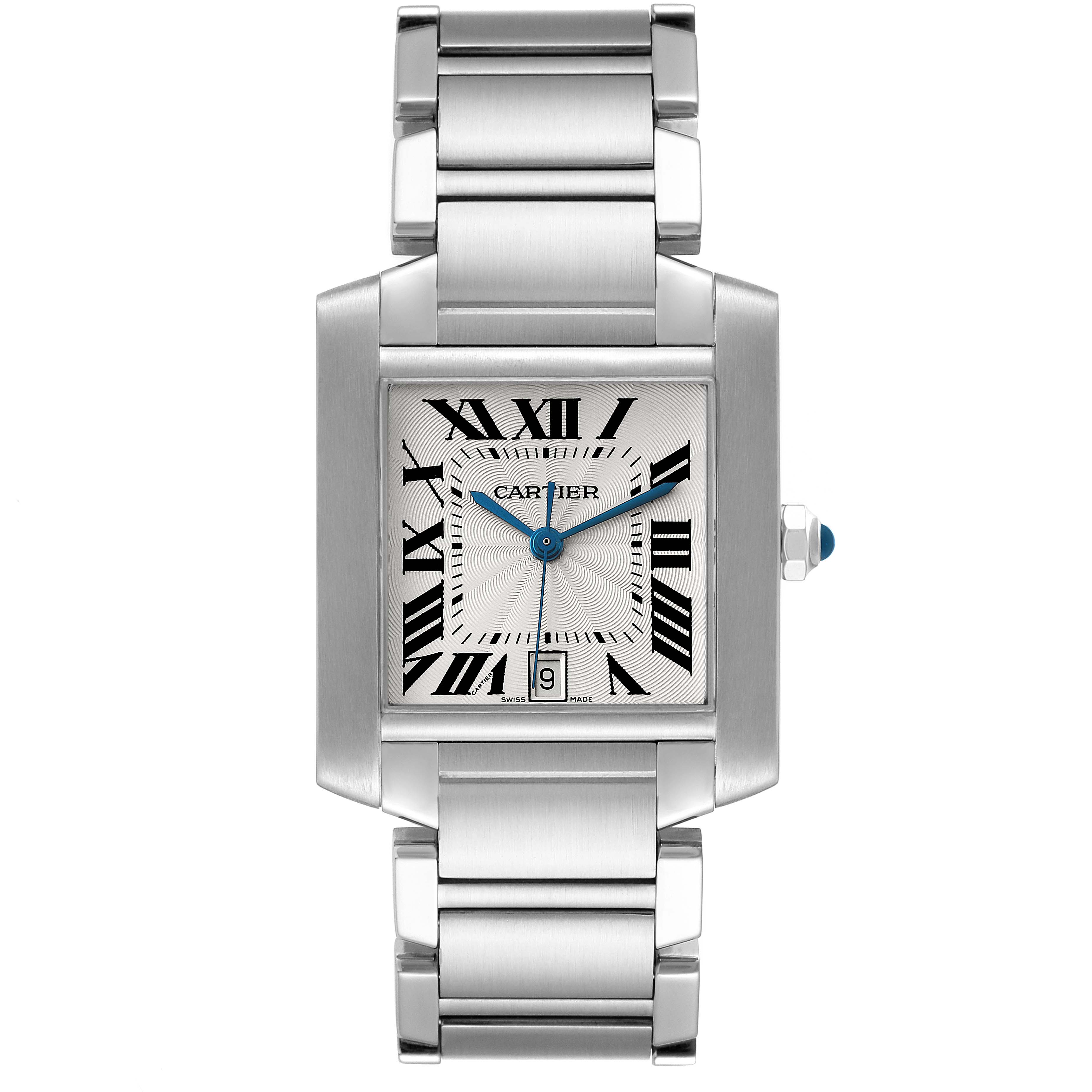The Cartier Tank Française watch is shown from a top-down angle, displaying its rectangular face, Roman numerals, and metal bracelet.