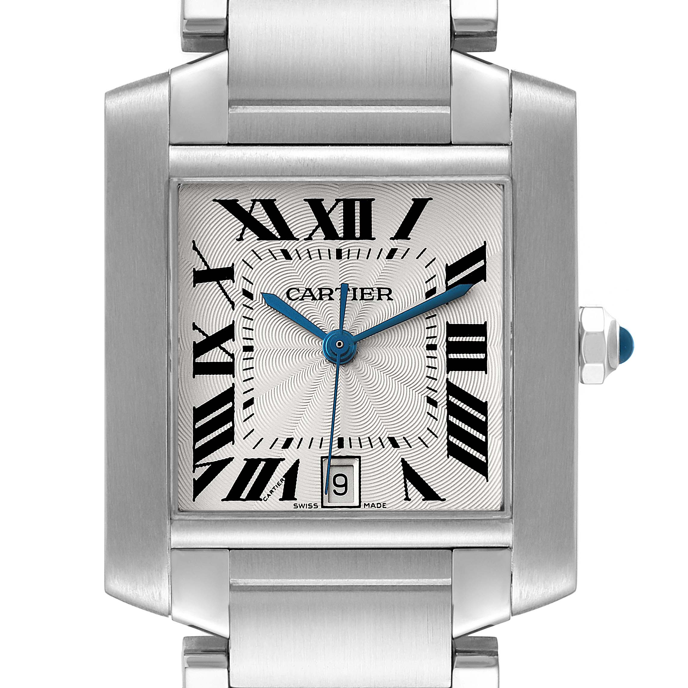 The image shows a frontal view of the Tank Francaise watch by Cartier, showcasing the face, hands, and date display.