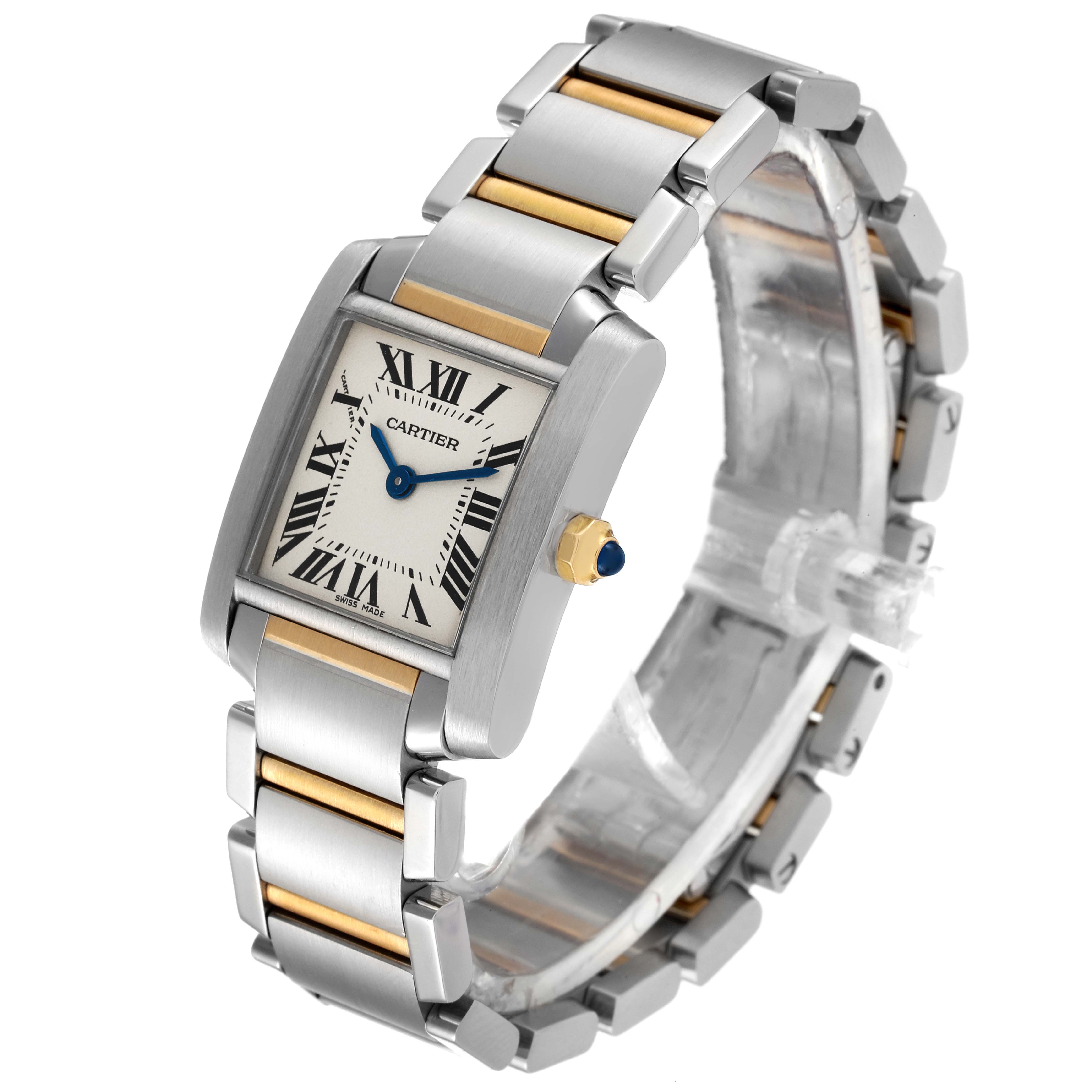 This image shows a Cartier Tank Française watch at a three-quarter angle, highlighting its face, crown, and metal bracelet.
