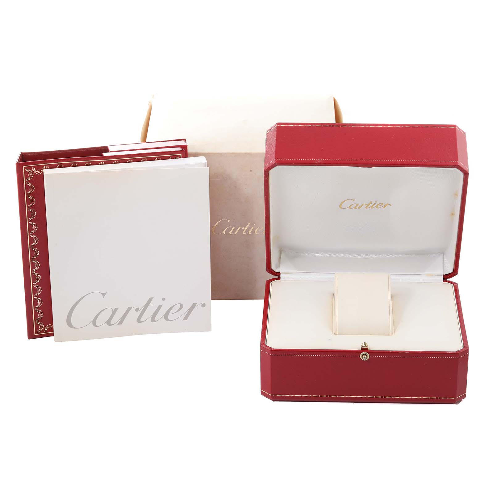 The image shows the box, case, and instruction booklet for a Cartier Tank Francaise W51007Q4 Women's Steel and Gold (two tone) Silver Dial W51007Q4 Women's Steel and Gold (two tone) Silver Dial watch.