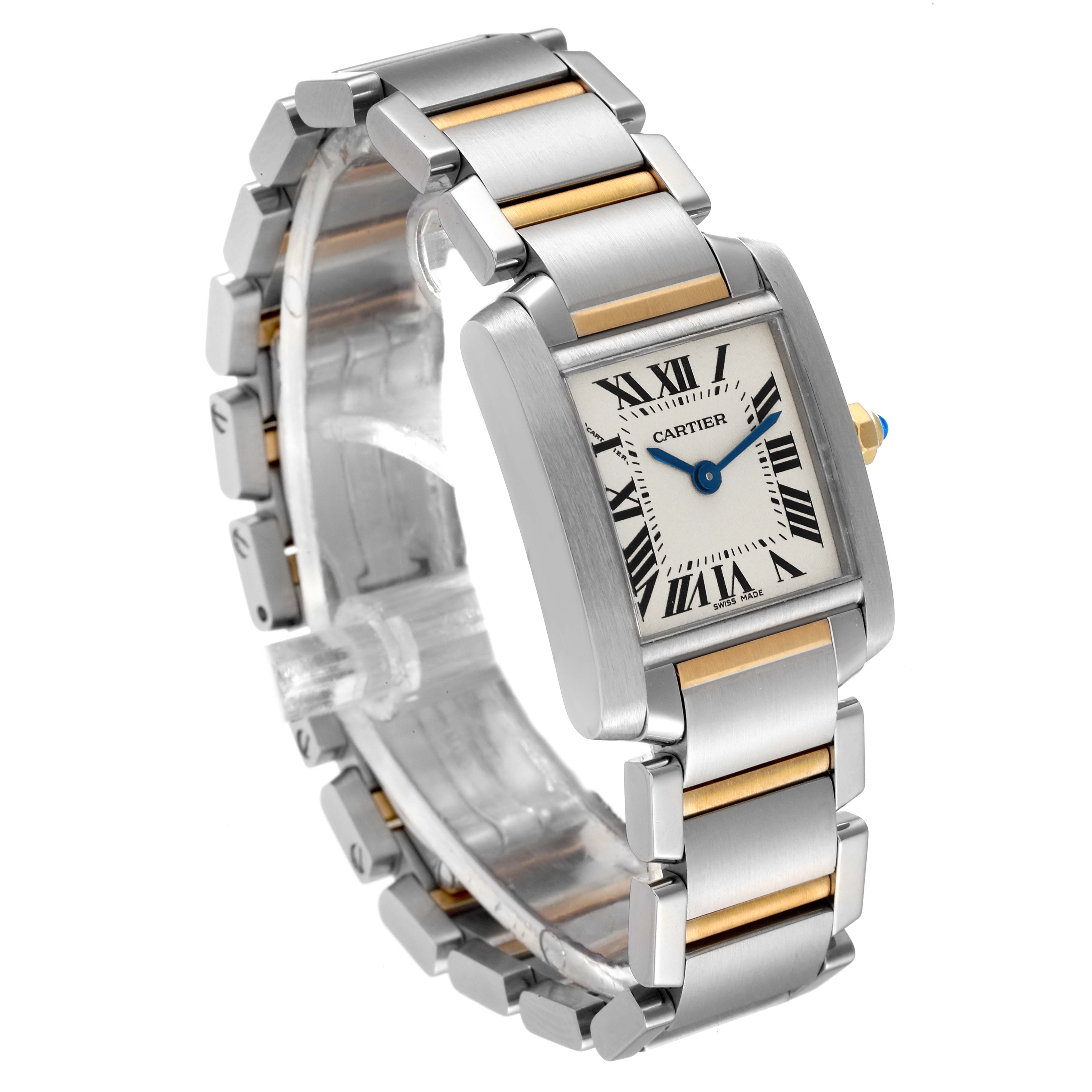 The image shows a Cartier Tank Française watch at a three-quarter angle, highlighting its face, bracelet, and the crown.
