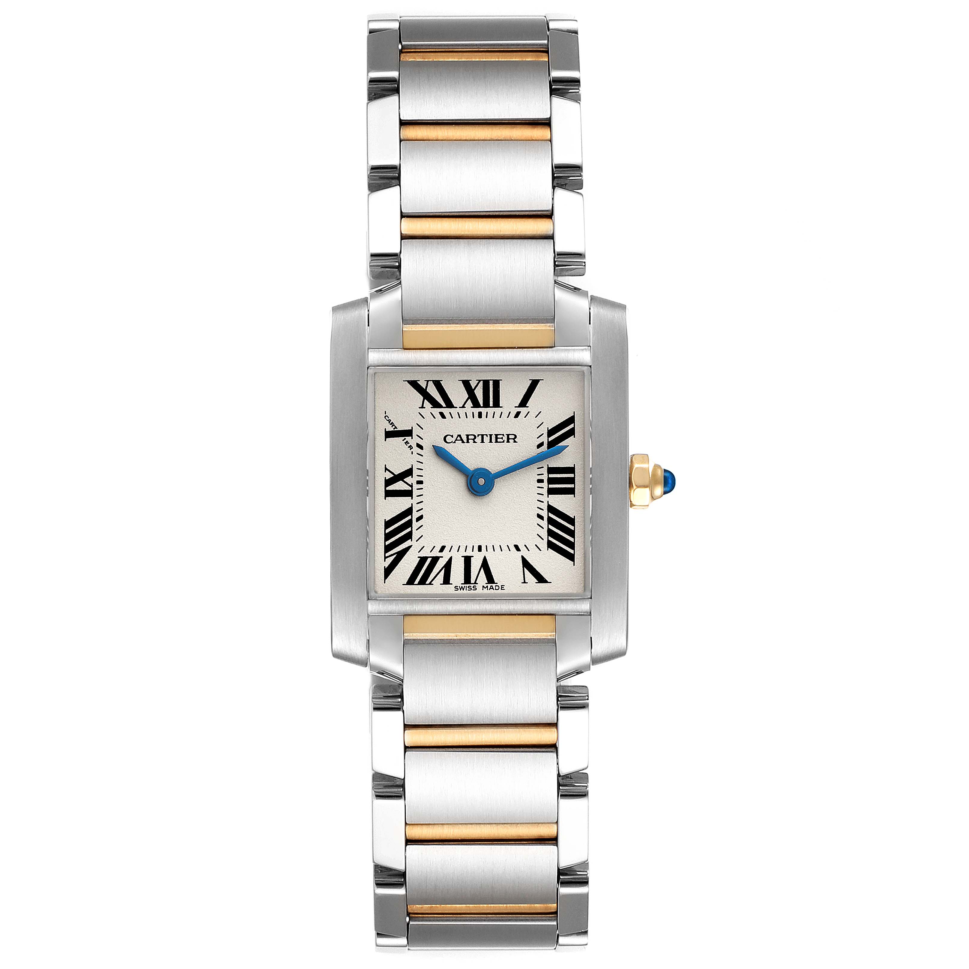 The Cartier Tank Française watch is shown in a top-down angle, highlighting its face, bezel, and bracelet.