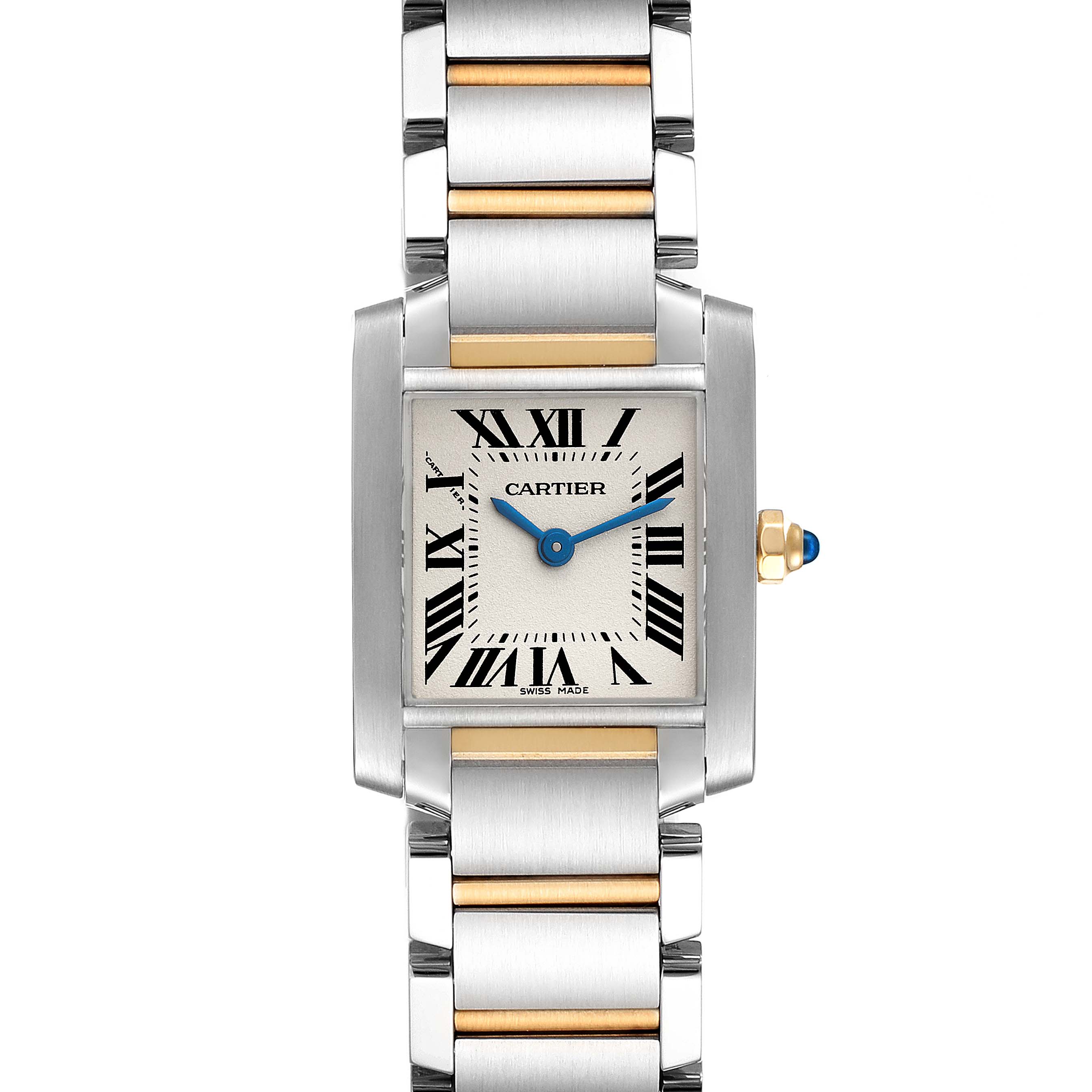 This image shows a Cartier Tank Francaise W51007Q4 Women's Steel and Gold (two tone) Silver Dial W51007Q4 Women's Steel and Gold (two tone) Silver Dial watch from a top-down angle, highlighting its face, bezel, and bracelet.