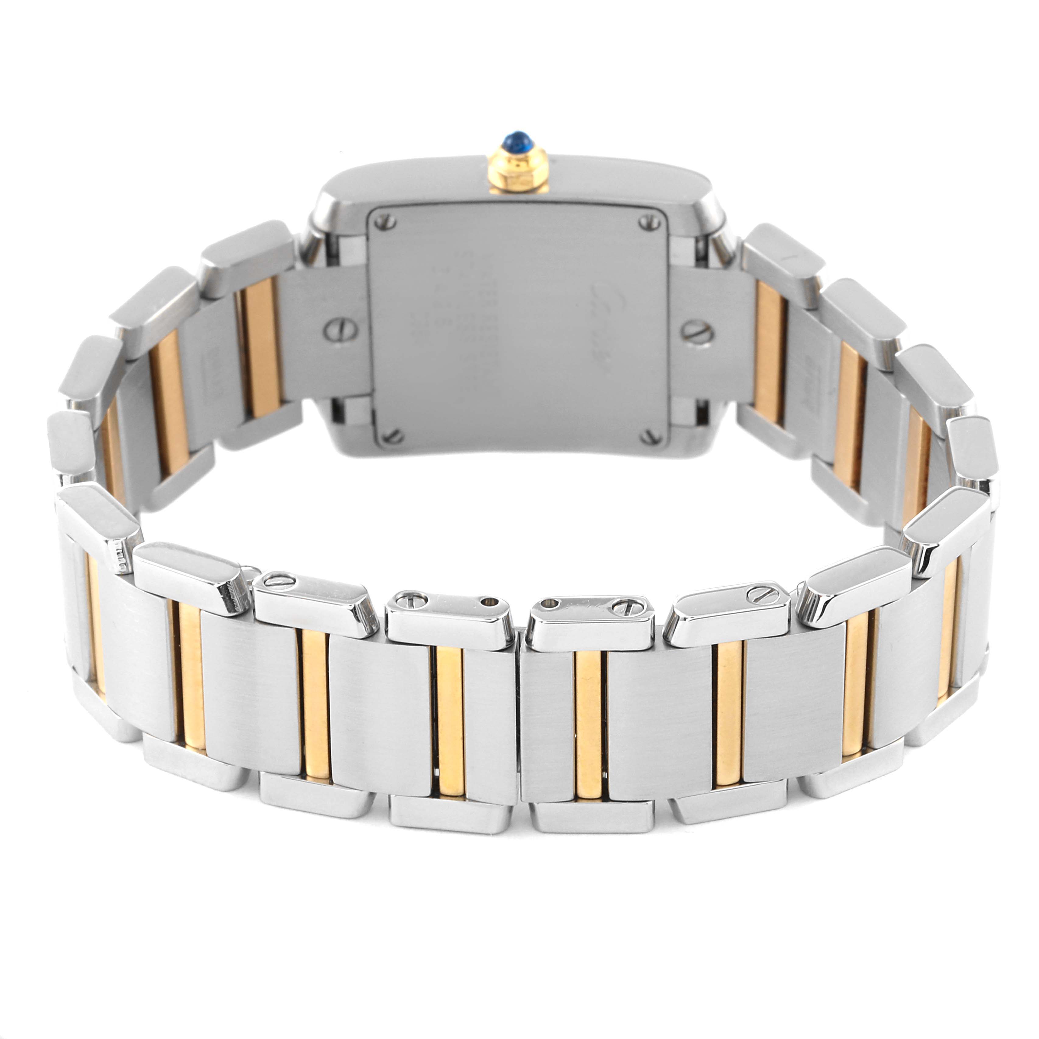 This image shows the back and bracelet of a Cartier Tank Francaise W51007Q4 Women's Steel and Gold (two tone) Silver Dial W51007Q4 Women's Steel and Gold (two tone) Silver Dial watch, highlighting its two-tone metal design.