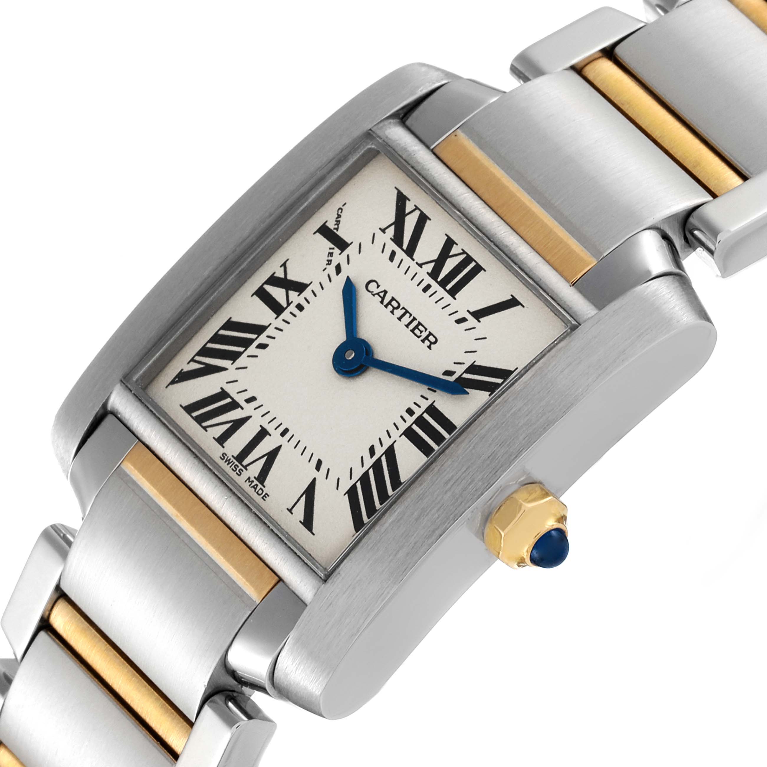 This image shows a close-up, angled view of the Cartier Tank Francaise W51007Q4 Women's Steel and Gold (two tone) Silver Dial W51007Q4 Women's Steel and Gold (two tone) Silver Dial watch face, crown, and part of the bracelet.