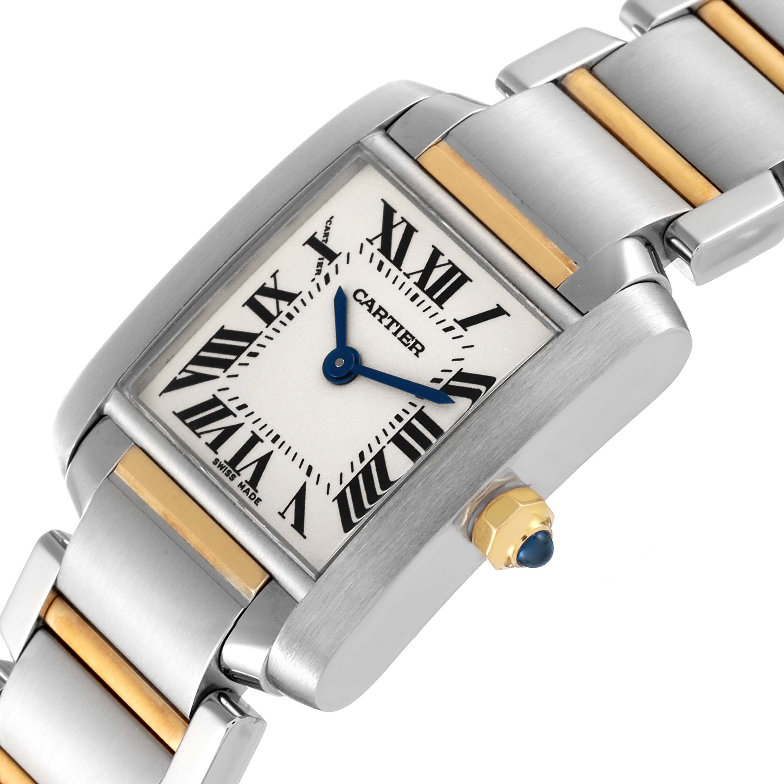 This image shows a Tank Francaise watch by Cartier at an angle displaying the face, crown, and part of the bracelet.