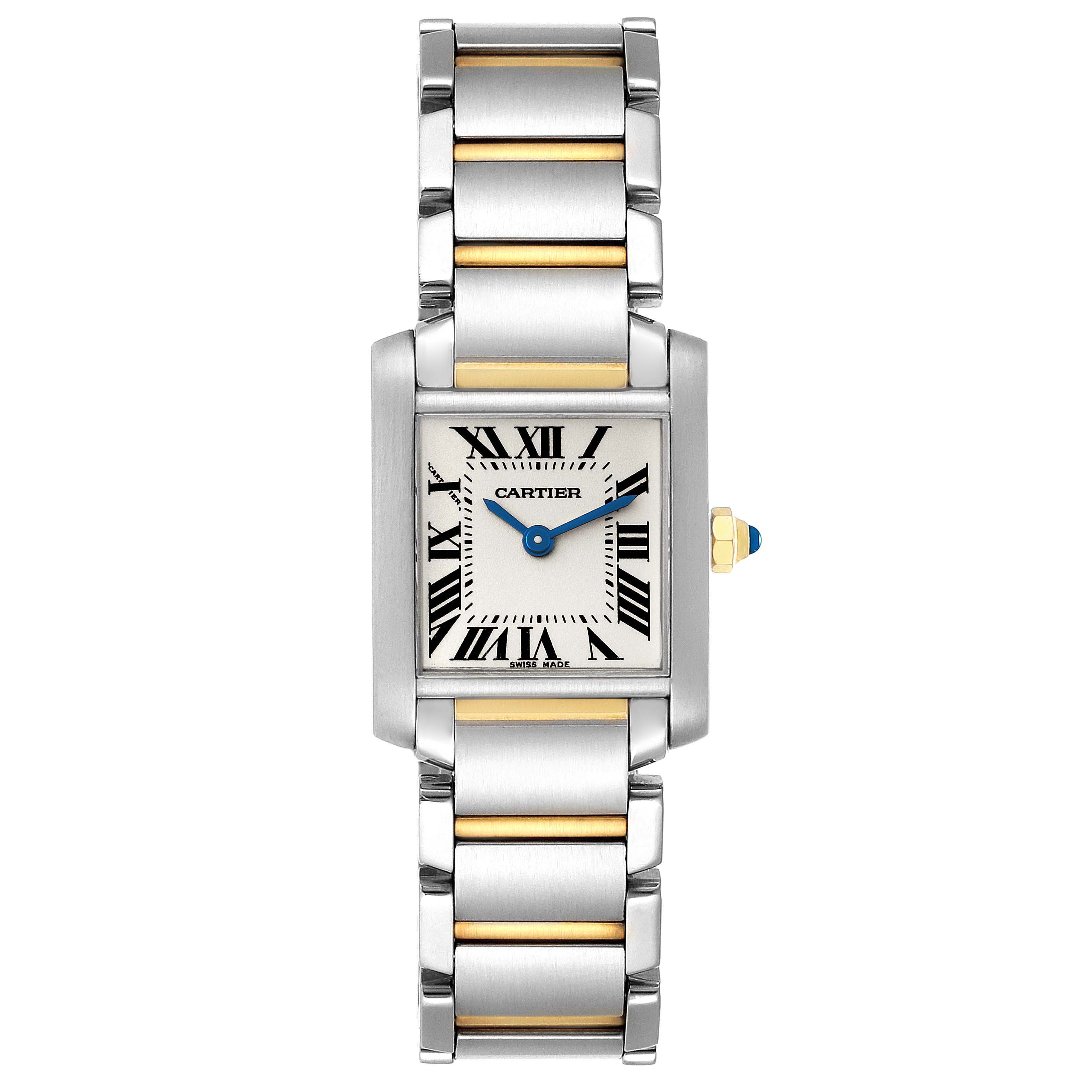 The Cartier Tank Francaise W51007Q4 Women's Steel and Gold (two tone) Silver Dial W51007Q4 Women's Steel and Gold (two tone) Silver Dial watch is shown from a top-down angle, highlighting its rectangular face and metal bracelet with gold accents.