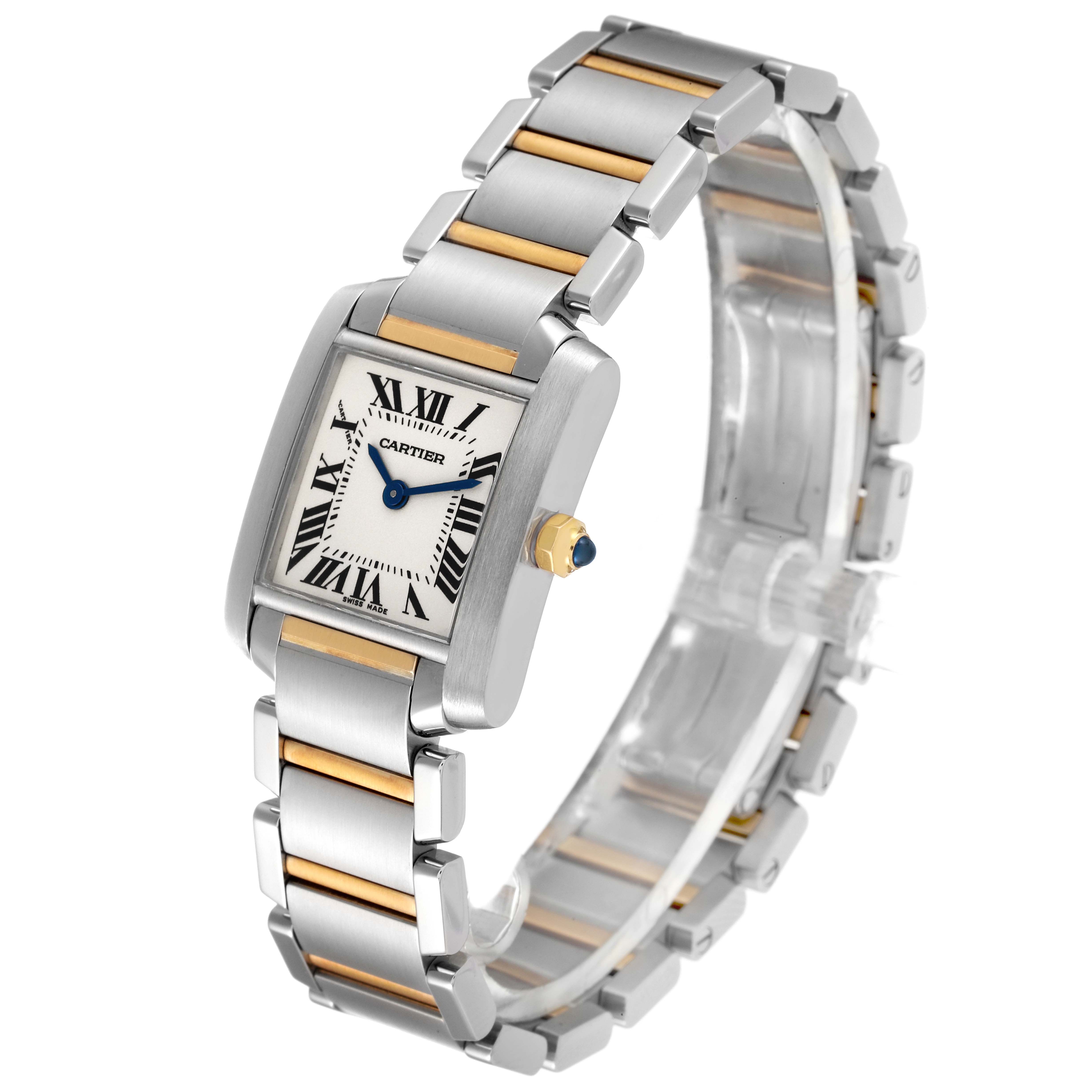 The image shows a Cartier Tank Française watch angled to display the face, bracelet, and side profile.