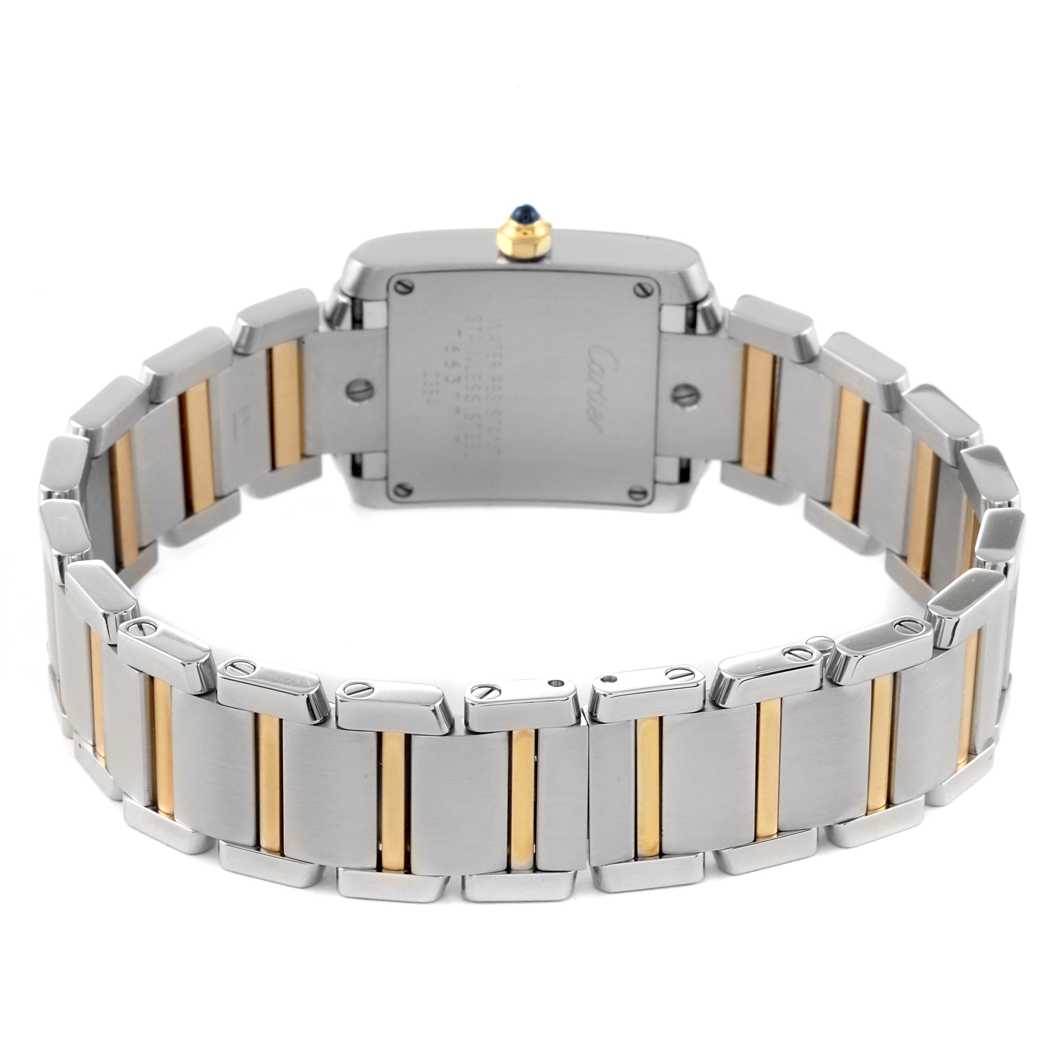 This image shows the back side of a Cartier Tank Francaise W51007Q4 Women's Steel and Gold (two tone) Silver Dial W51007Q4 Women's Steel and Gold (two tone) Silver Dial watch, highlighting the stainless steel and gold bracelet.