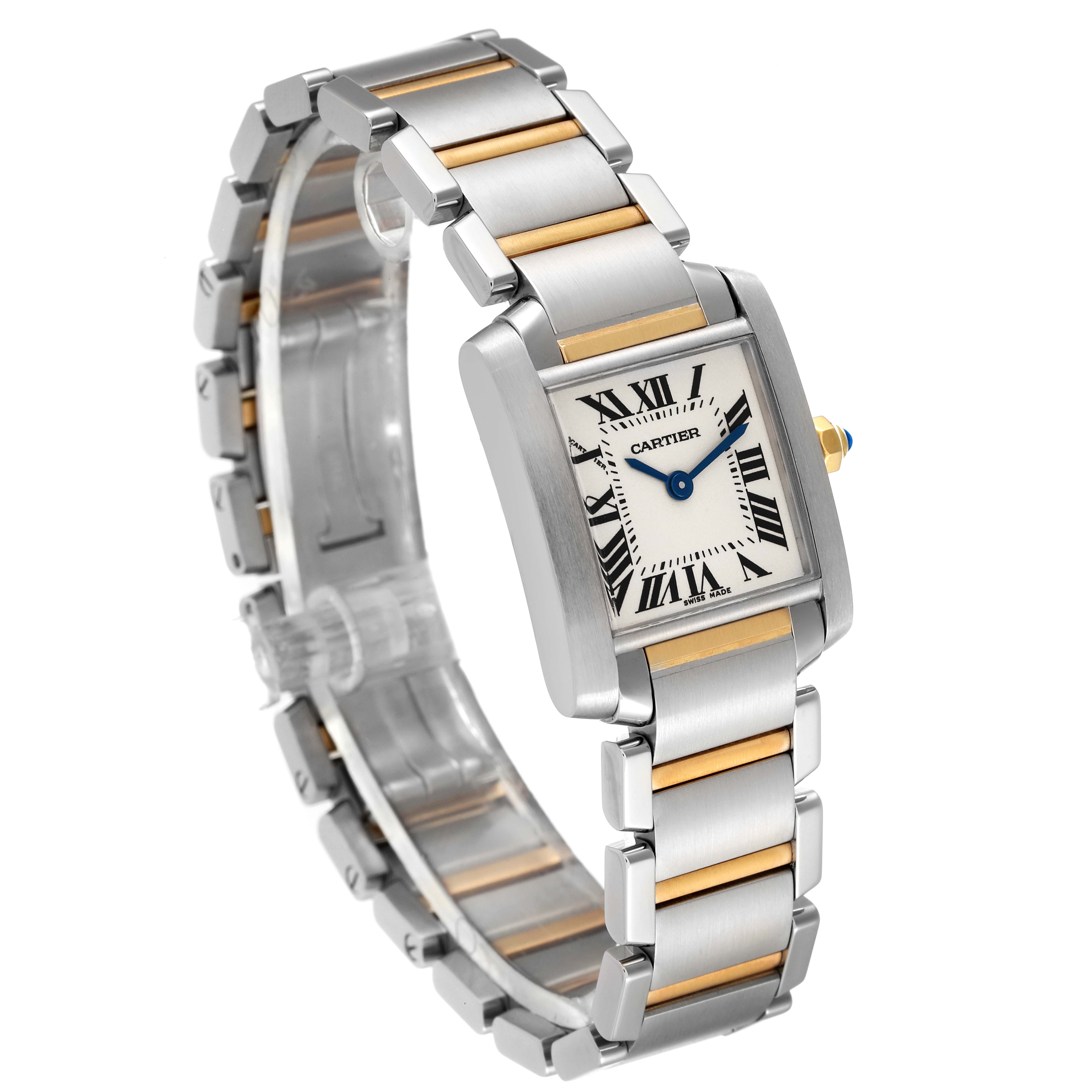 The image shows a Cartier Tank Française watch at an angled view, highlighting its rectangular dial and two-tone metal bracelet.
