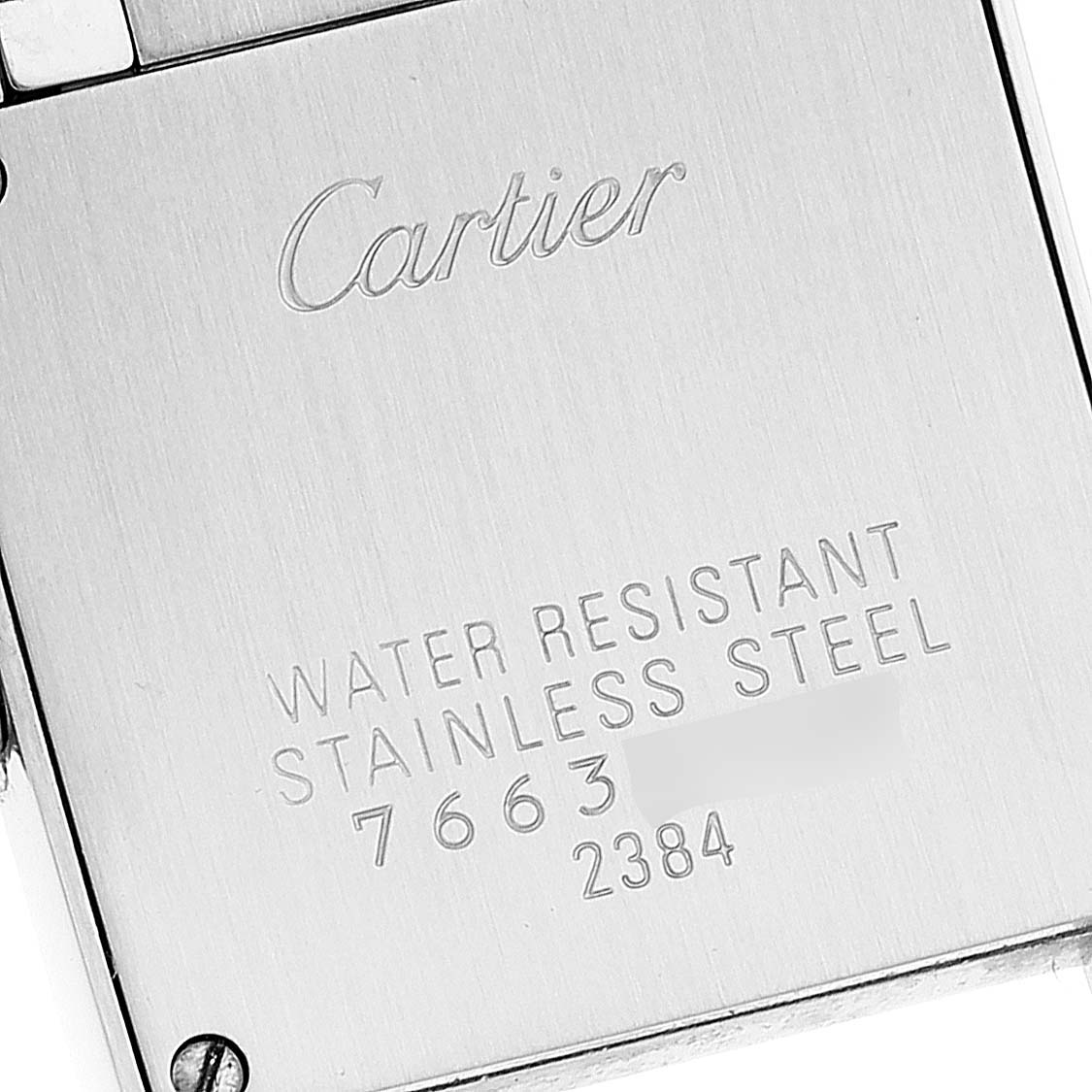 The image shows the back case of the Cartier Tank Francaise W51007Q4 Women's Steel and Gold (two tone) Silver Dial W51007Q4 Women's Steel and Gold (two tone) Silver Dial watch, highlighting its water resistance and stainless steel features.