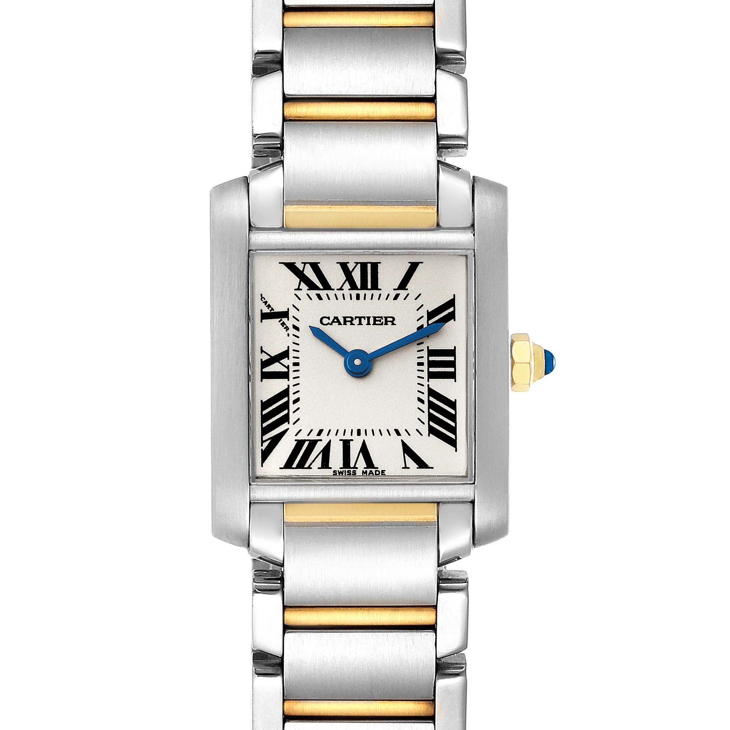 The image shows a front view of the Cartier Tank Francaise W51007Q4 Women's Steel and Gold (two tone) Silver Dial W51007Q4 Women's Steel and Gold (two tone) Silver Dial watch, detailing its rectangular face, Roman numerals, and metal bracelet.