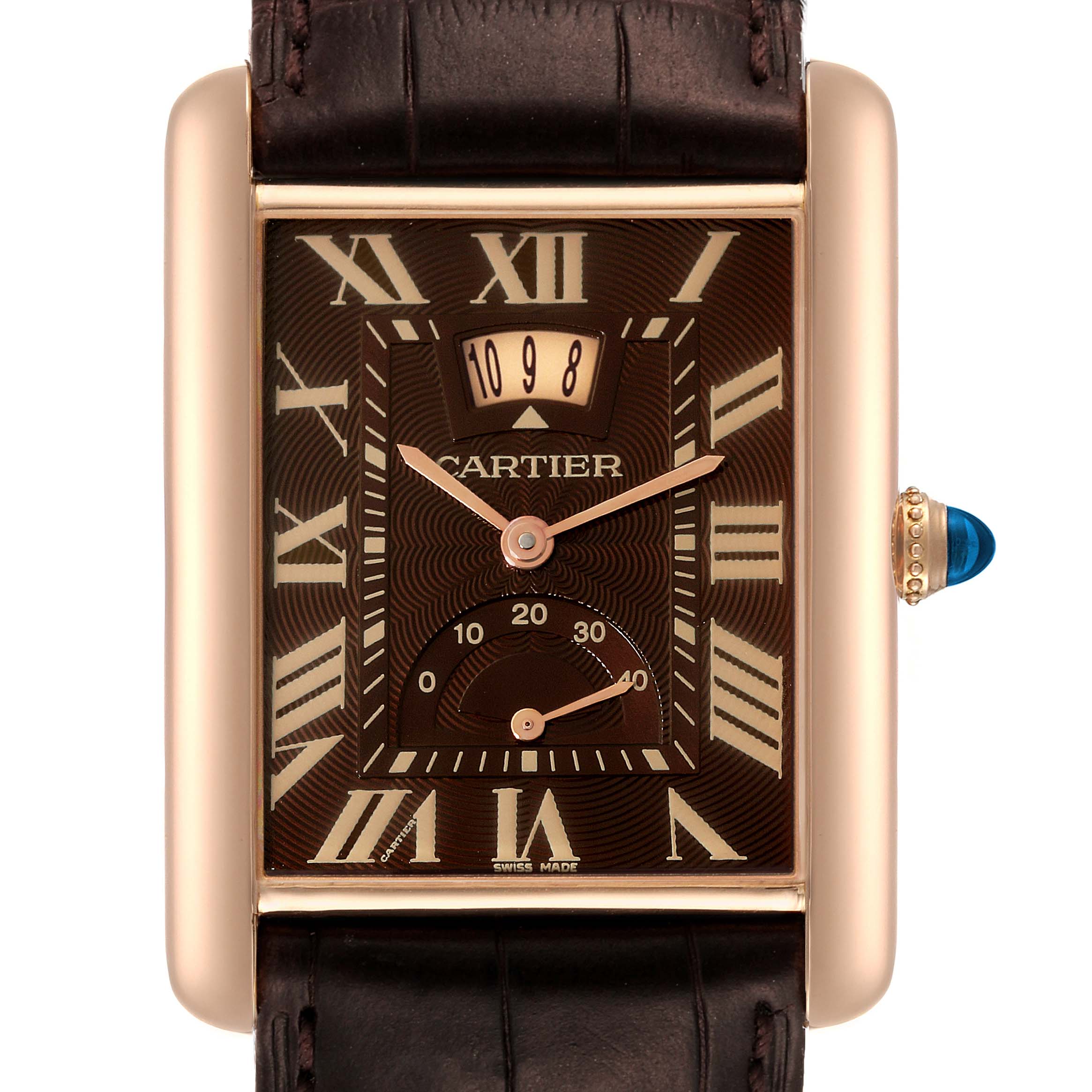 The image shows a close-up of the Cartier Tank Louis W1560002 Men's Rose Gold Brown Dial W1560002 Men's Rose Gold Brown Dial watch, featuring the watch face, Roman numerals, and the crown with a blue cabochon.