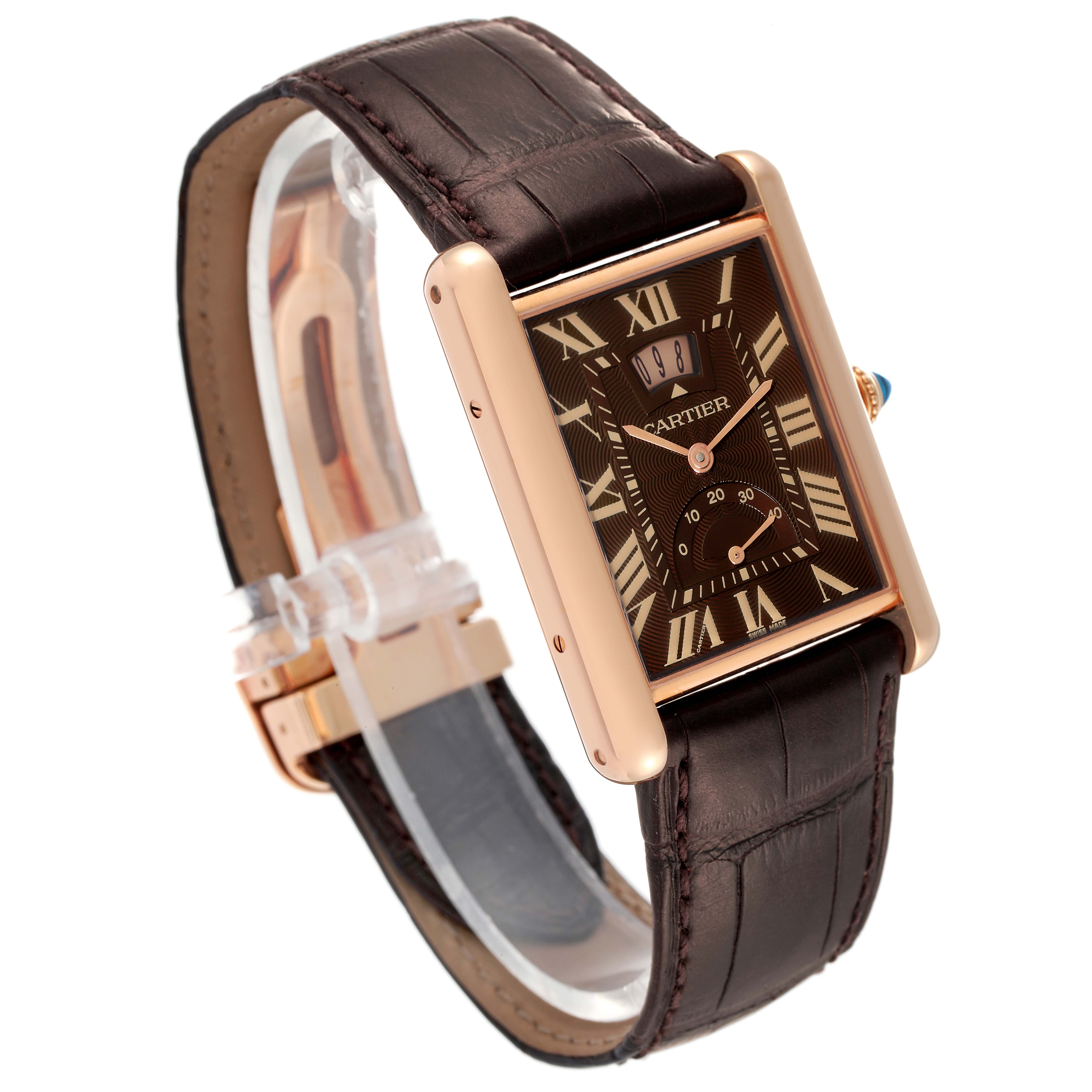 The Cartier Tank Louis W1560002 Men's Rose Gold Brown Dial W1560002 Men's Rose Gold Brown Dial watch is shown at a three-quarter angle, displaying the face, strap, and casing.