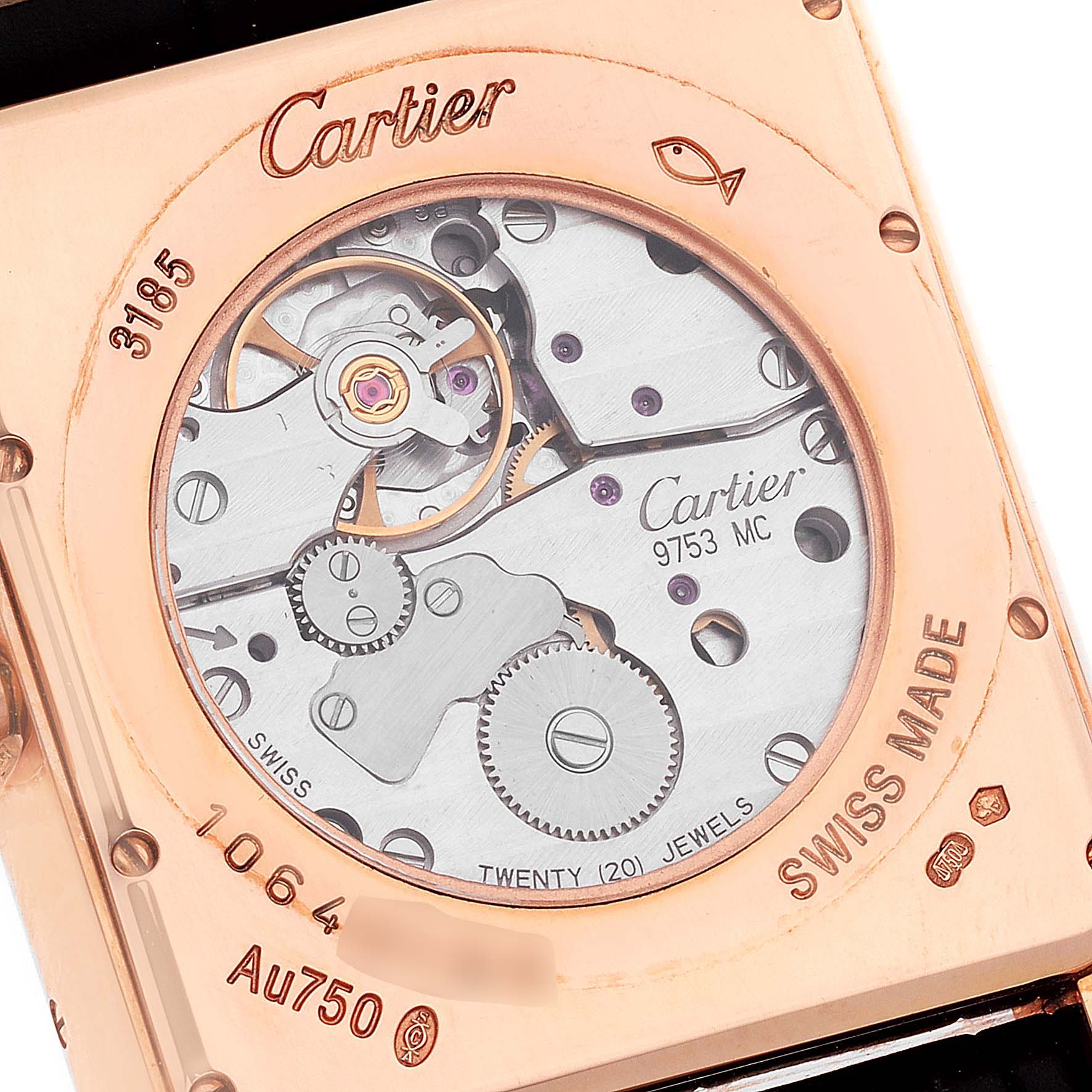 The Cartier Tank Louis W1560002 Men's Rose Gold Brown Dial W1560002 Men's Rose Gold Brown Dial watch is shown from the back, highlighting its intricate movement and internal components.