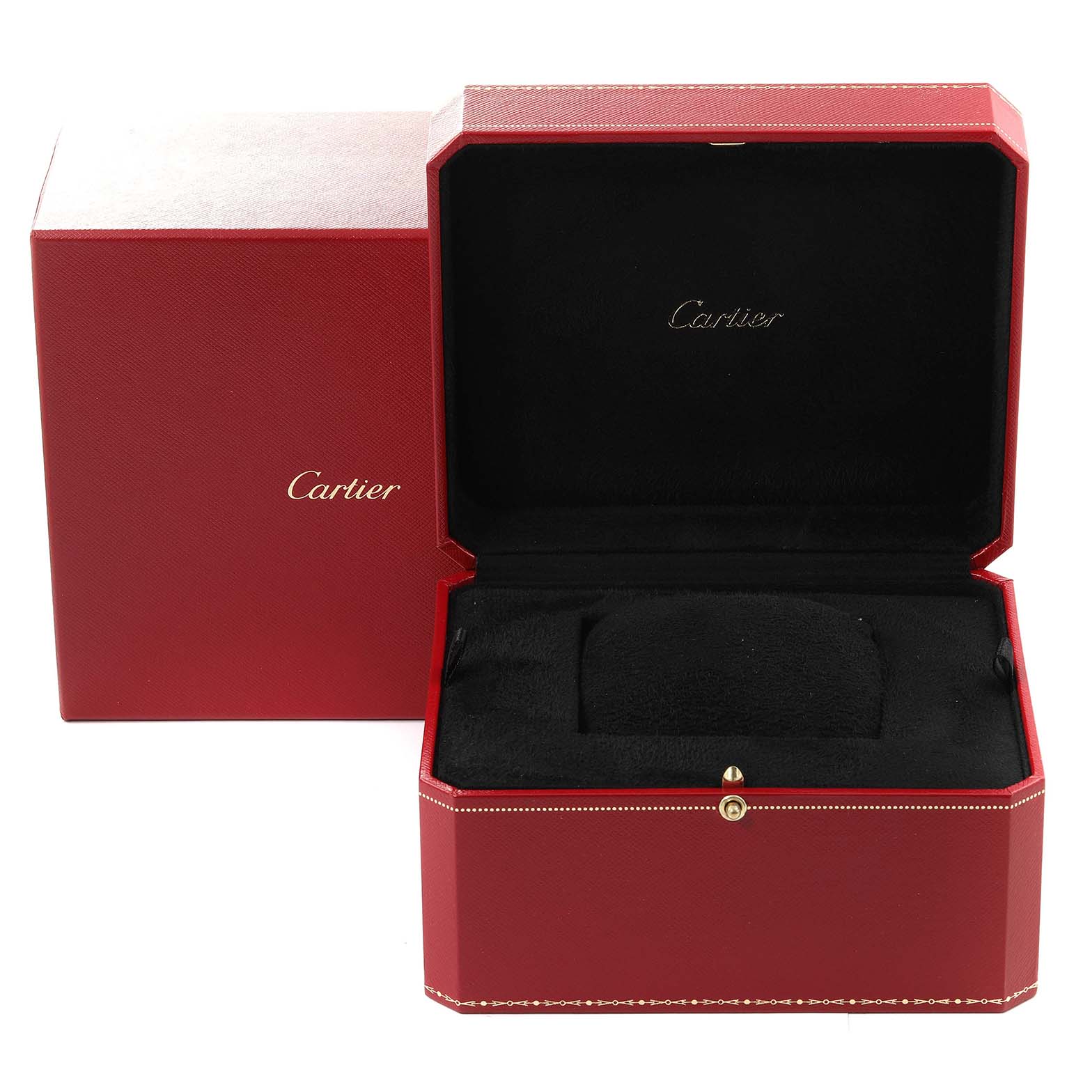 This image shows an open red Cartier box for the Tank Louis model watch, displaying the cushioned interior.