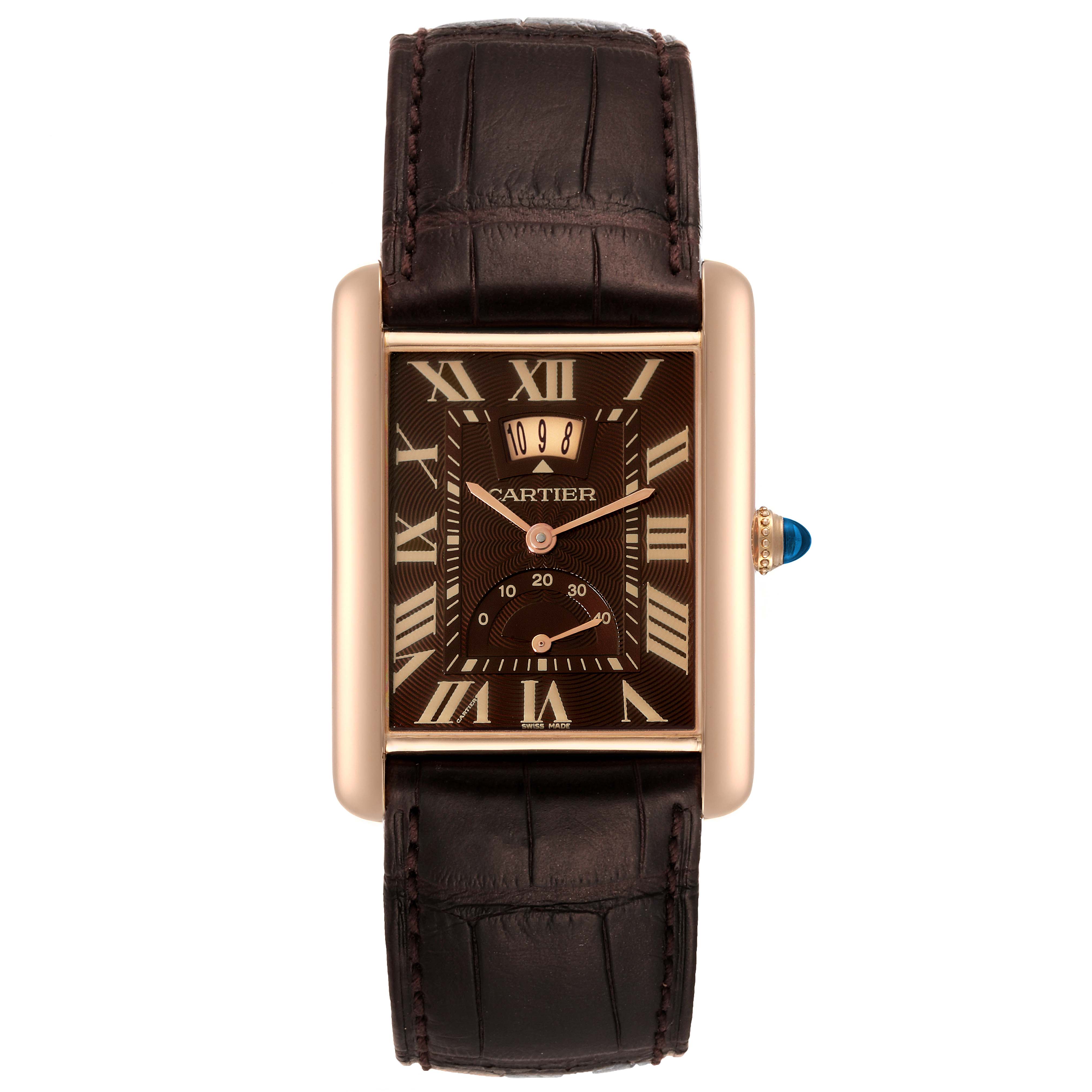 The Cartier Tank Louis W1560002 Men's Rose Gold Brown Dial W1560002 Men's Rose Gold Brown Dial watch is shown from a top-down angle displaying its rectangular face, Roman numerals, and leather strap.