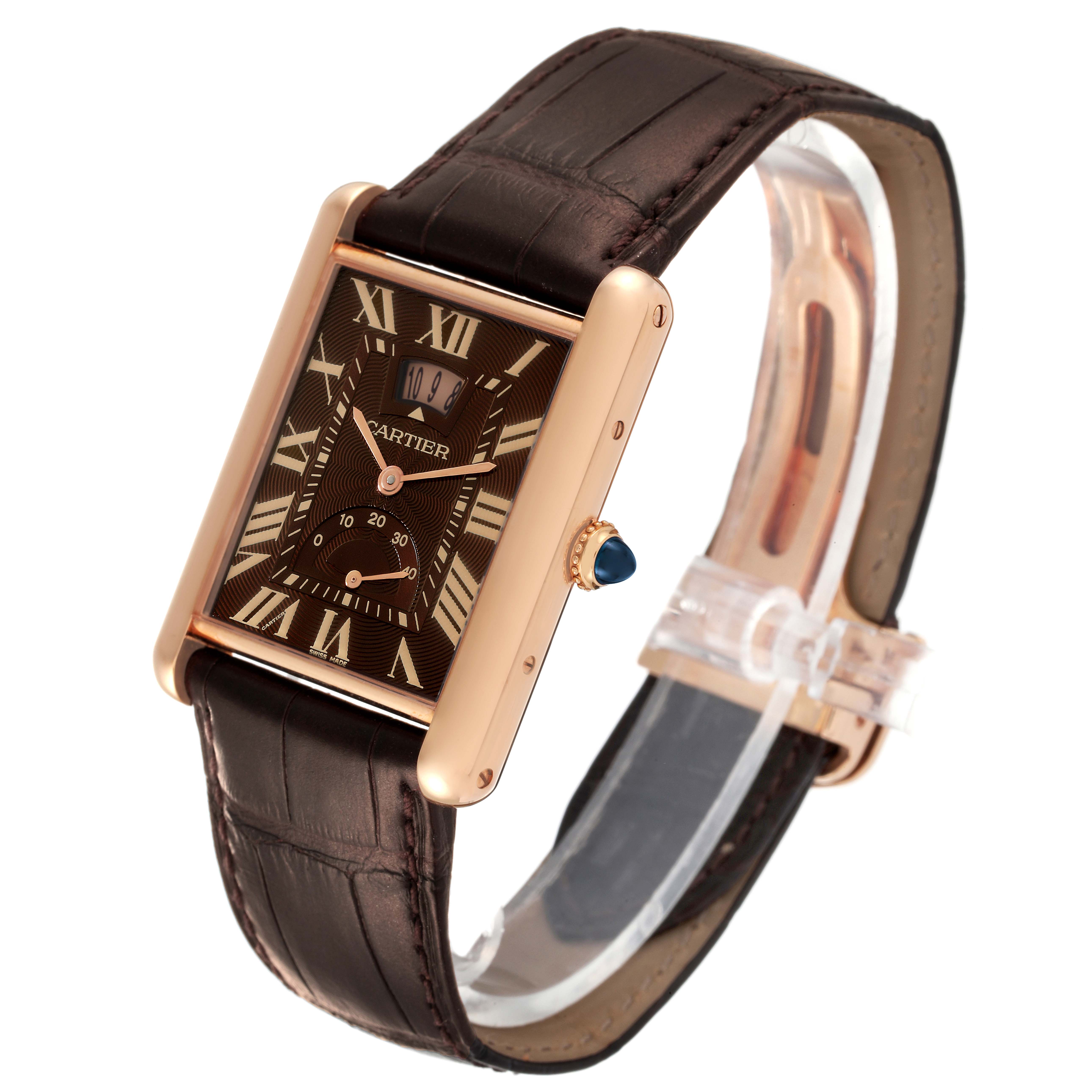 This image shows the Cartier Tank Louis W1560002 Men's Rose Gold Brown Dial W1560002 Men's Rose Gold Brown Dial watch at a slight angle, highlighting the face, crown, leather strap, and buckle.