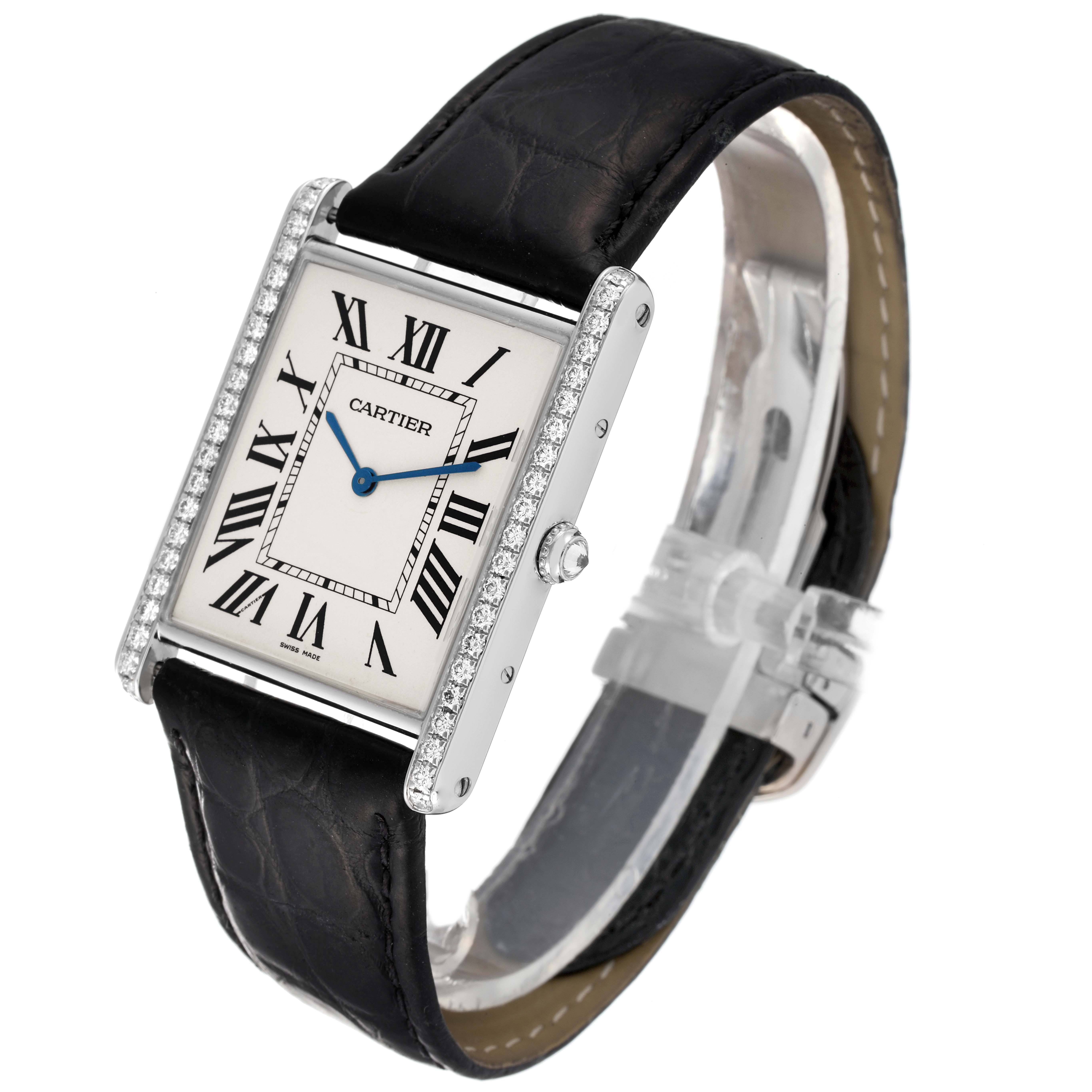 The image shows a Cartier Tank Louis WT200006 Men
s White Gold Silver Dial watch at a three-quarter angle, highlighting the face, strap, and diamond-set bezel.