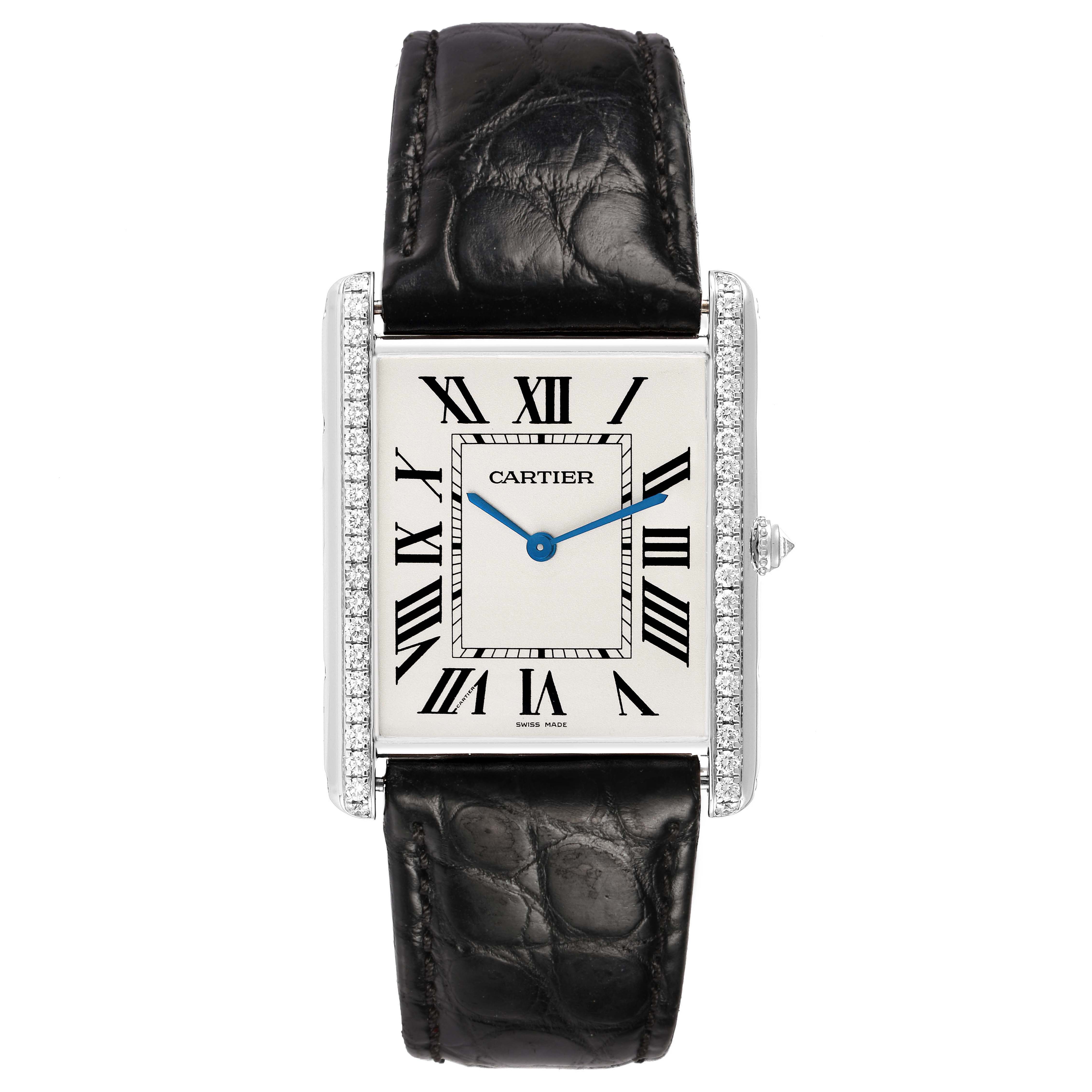 The Cartier Tank Louis WT200006 Men's White Gold Silver Dial watch is shown from the front, displaying the dial, Roman numerals, and leather strap.