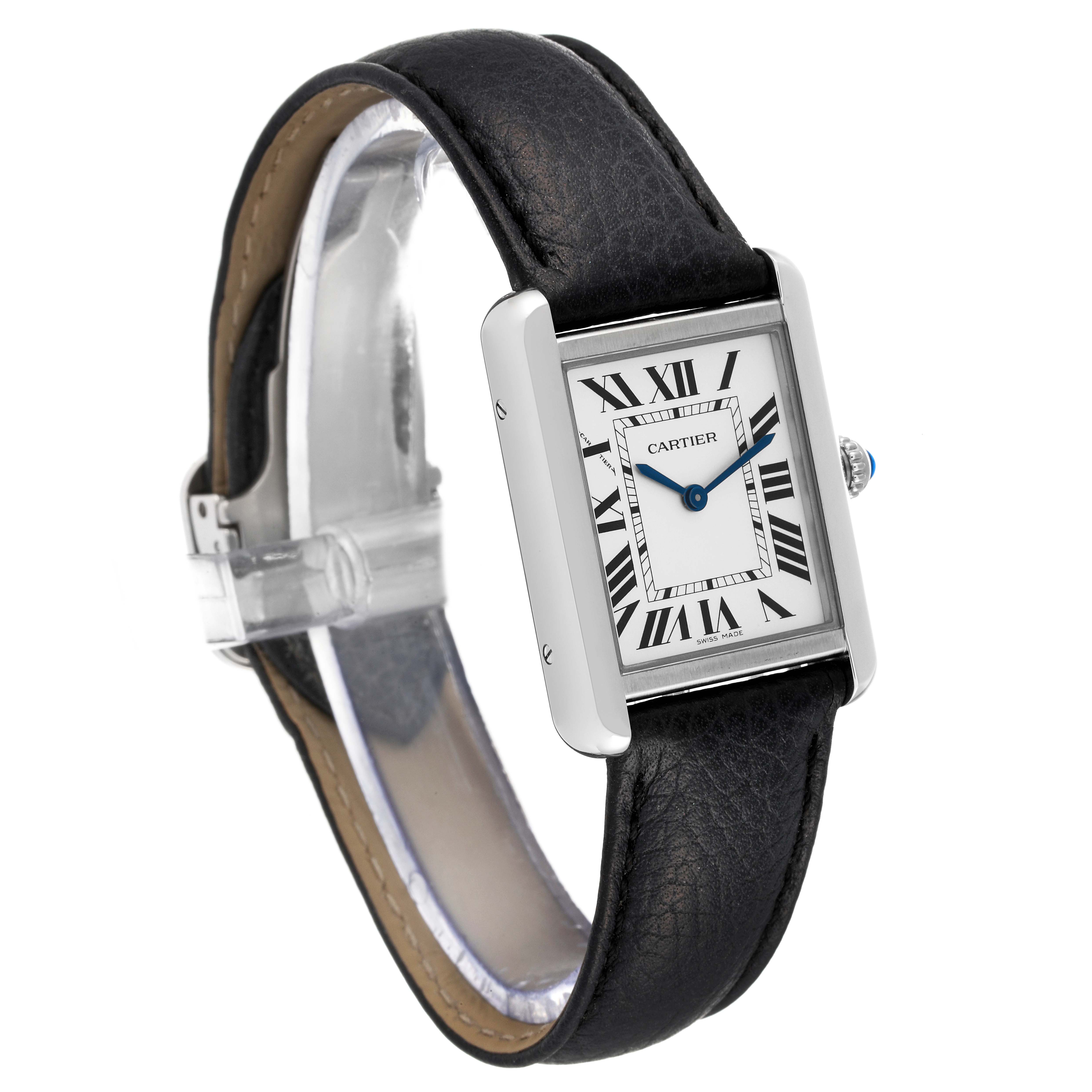 The image shows a Cartier Tank Solo W1018255 Women
s Stainless Steel Silver Dial W1018255 Women
s Stainless Steel Silver Dial watch at a three-quarter angle, highlighting its rectangular face, Roman numeral markers, and black leather strap.