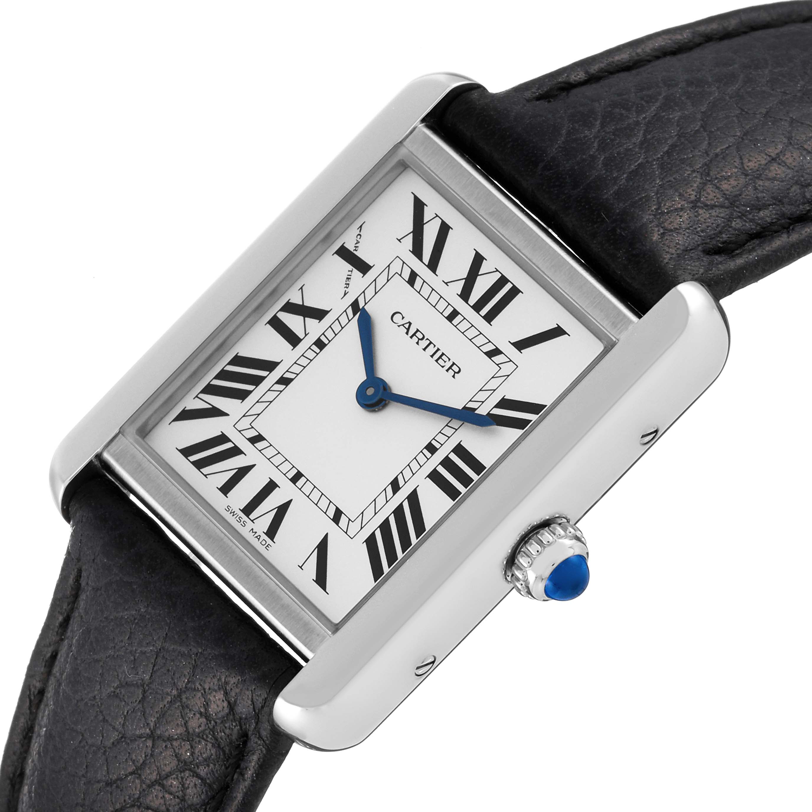The image shows a Cartier Tank Solo W1018255 Women
s Stainless Steel Silver Dial W1018255 Women
s Stainless Steel Silver Dial watch at an angled side view, highlighting its rectangular face, Roman numerals, and leather strap.